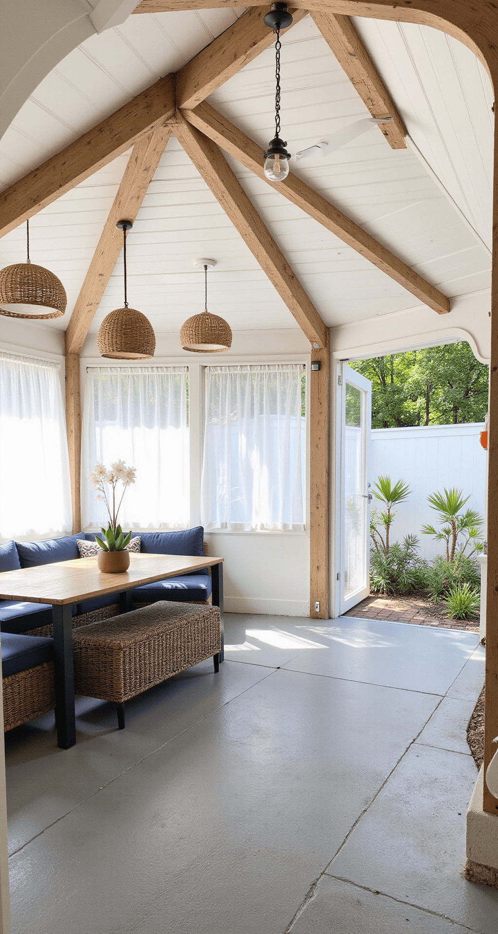 Aerial view of a bright, airy coastal modern patio extension featuring a cathedral ceiling with exposed cedar beams, white sheer curtains, and hanging rattan pendant lights, complemented by deep wicker seating with navy cushions on sleek gray concrete flooring that transitions to an original brick patio.
