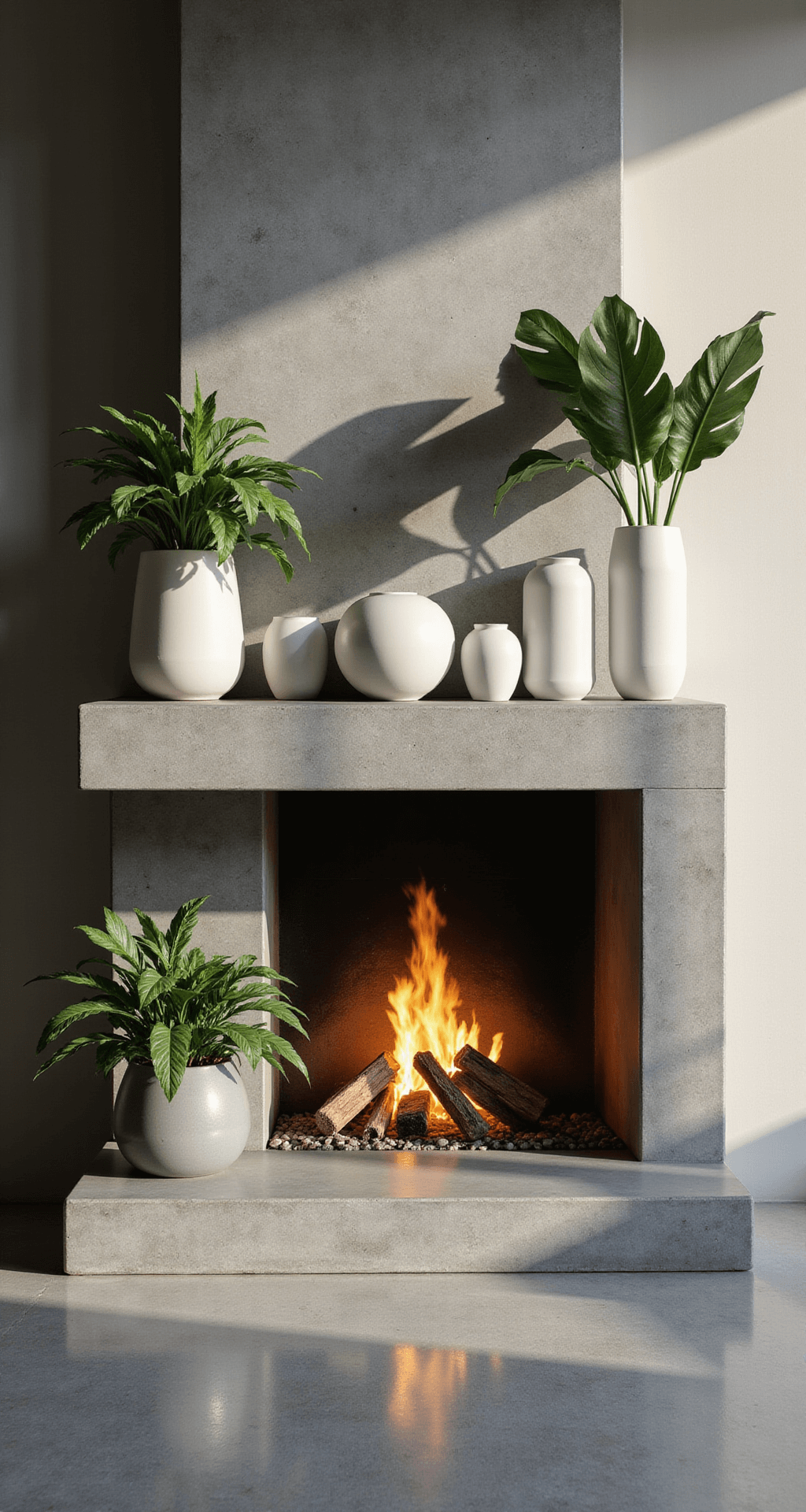 Wide-angle view of a modern minimalist fireplace featuring a floating concrete mantel, styled with matte white ceramic vessels, tropical monstera leaves, and sculptural air plants. The scene is illuminated by golden hour lighting, emphasizing geometric composition and textural contrast between smooth concrete, glossy ceramics, and organic elements, with cool grey tones and pops of emerald green foliage.