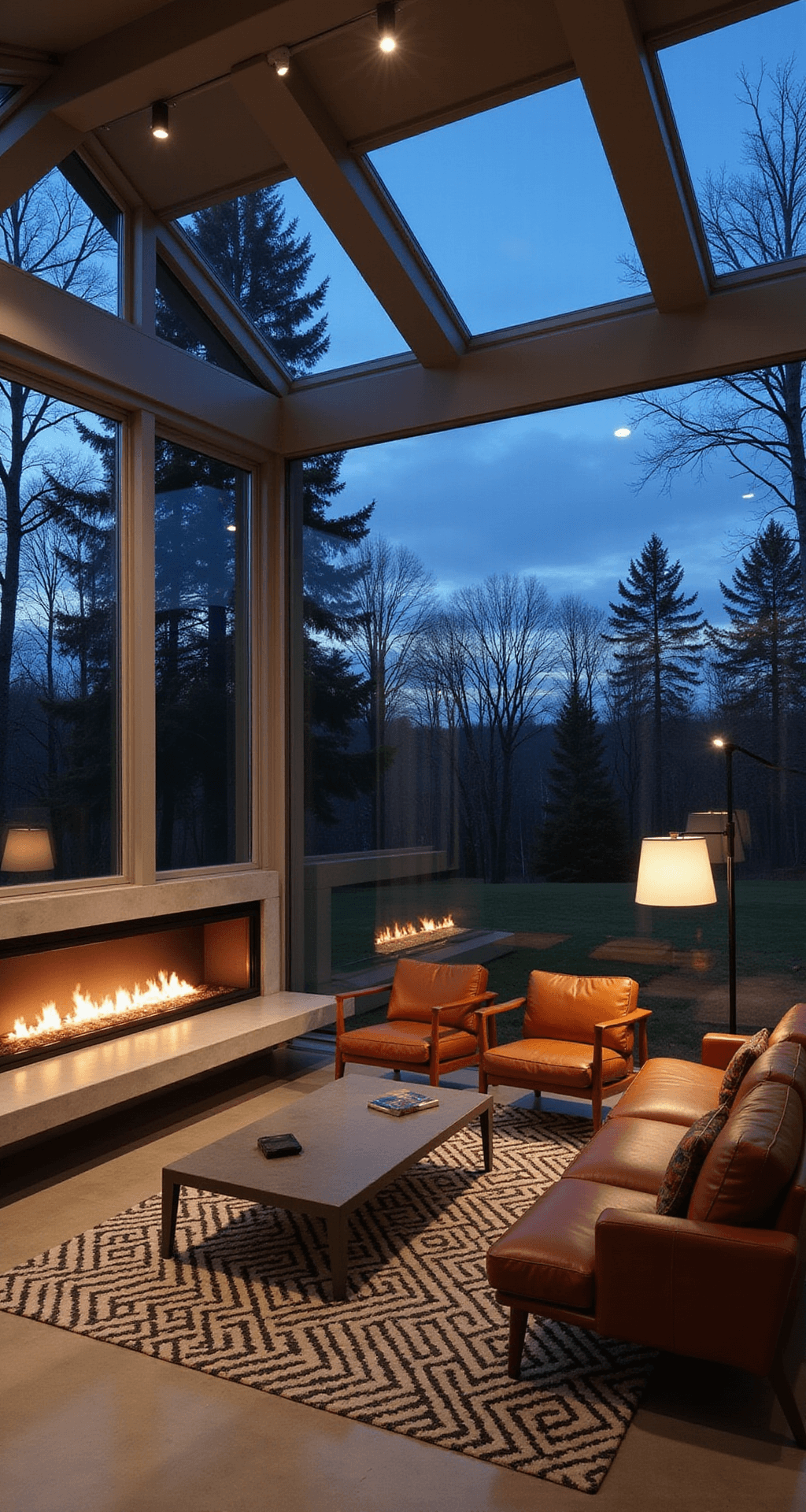 Contemporary four-season room at twilight featuring minimalist design with aluminum window frames, clerestory windows, and a floating concrete hearth with a linear gas fireplace. The space includes a cognac leather sectional, Scandinavian teak accent chairs, and a geometric charcoal and cream area rug, all illuminated by a dramatic floor lamp.