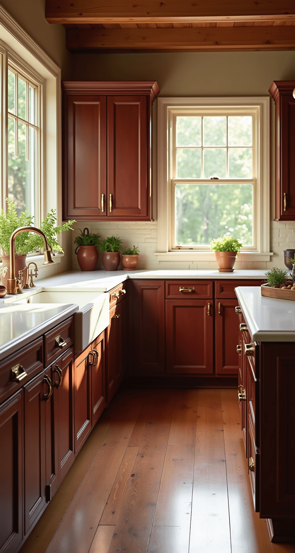 A spacious kitchen with cherry wood Shaker-style cabinets, white quartz countertops, and a large center island, illuminated by warm morning light through east-facing windows. Copper cookware hangs overhead, with artisanal ceramic vessels and terracotta pots of fresh herbs enhancing the inviting atmosphere.