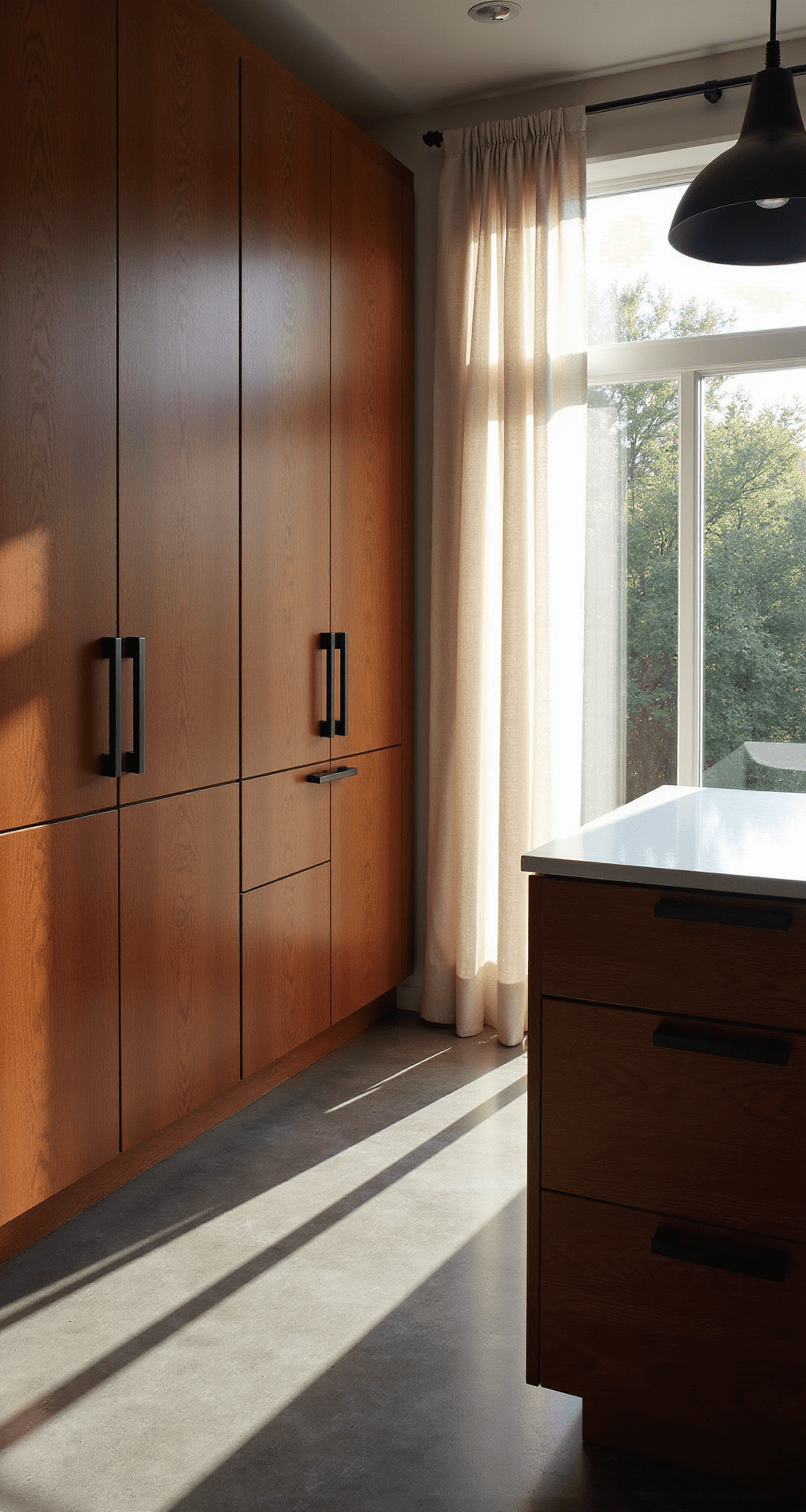 Intimate kitchen corner at magic hour with cherry wood cabinets, sheer linen curtains, and modern matte black handles, showcasing natural grain patterns and warm wood tones against cool gray concrete floors.