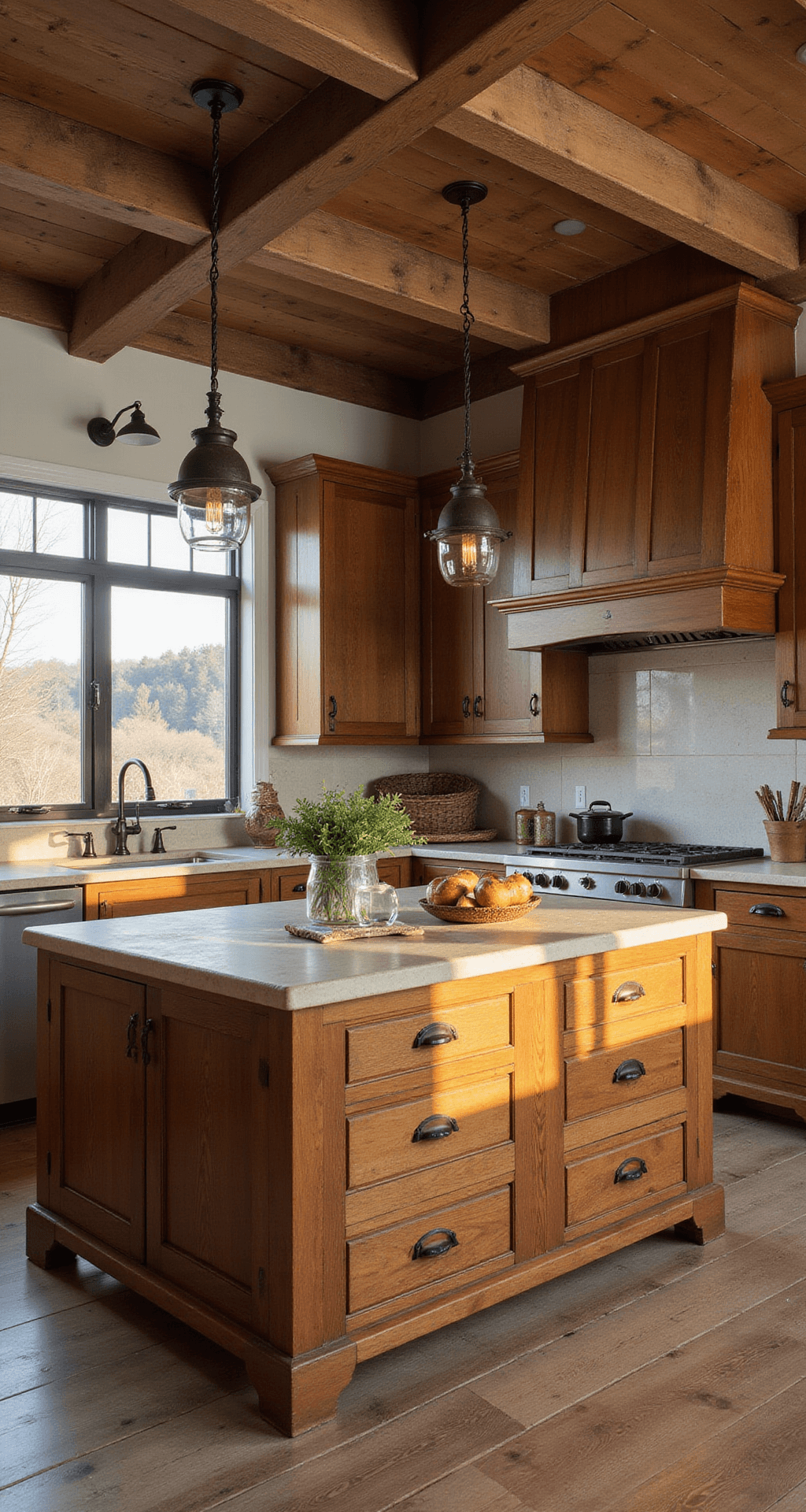 A rustic-contemporary kitchen featuring distressed cherry wood cabinets, exposed wooden beams, and industrial-style pendant lights, with a butcher block island styled with vintage enamelware, dried herbs, and artisanal pottery, captured during golden hour.