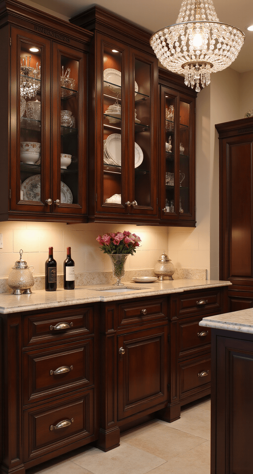 A sophisticated evening kitchen scene featuring rich espresso cherry wood cabinets, dramatic under-cabinet lighting, a crystal chandelier, glass-front upper cabinets displaying fine china, marble countertops, wine bottles, fresh flowers in crystal vases, and polished silver accessories, captured in a wide angle to showcase the 20ft galley layout.