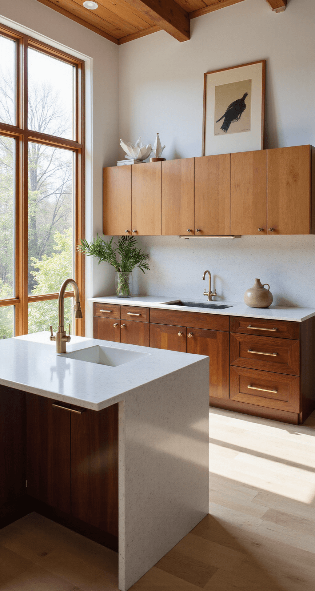 Sun-drenched modern kitchen featuring two-tone cherry wood cabinets with natural finish uppers and deep mahogany lowers, a waterfall quartz island, and geometric ceramics accented by abstract art and greenery, illuminated by double-height windows.