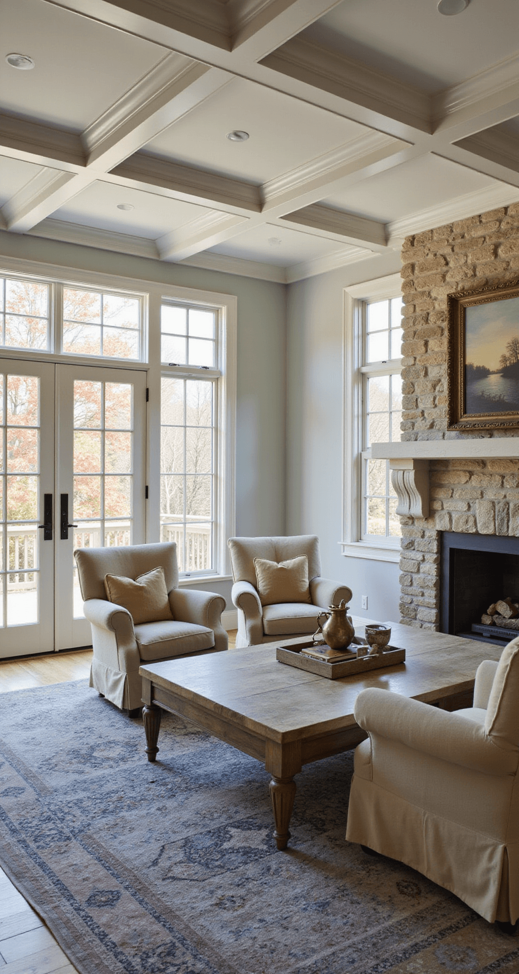 A cozy four-season room featuring a coffered ceiling with recessed lighting, French doors and thermal windows offering a view of autumn foliage. Natural linen swivel chairs face a stone fireplace, while a weathered oak coffee table displays vintage books and brass decor atop a sisal rug layered under a blue-grey Persian rug, all illuminated by soft natural light.