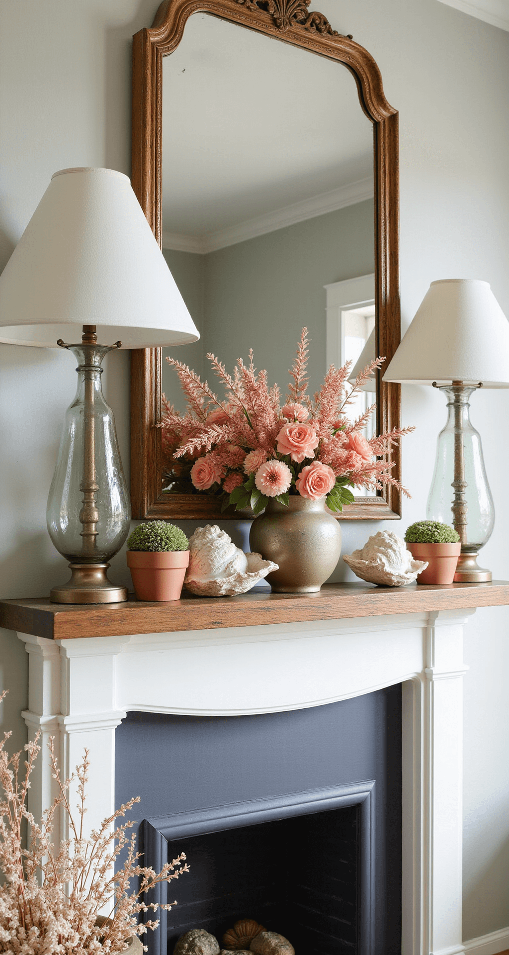 A detailed wood mantel decorated with an antiqued mirror and mercury glass hurricane lamps, showcasing summer botanicals in coral and blush tones in aged terracotta pots, with vintage seashells and bleached starfish, captured in bright midday light with a warm color palette.