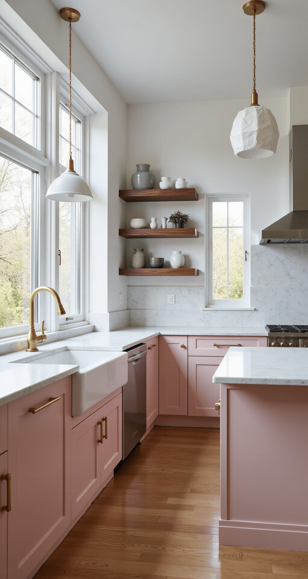 Modern L-shaped kitchen with millennial pink cabinets, white quartz countertops, and brass hardware, featuring floor-to-ceiling windows, walnut floating shelves, high-end stainless steel appliances, geometric pendant lights, and honey-toned hardwood floors.