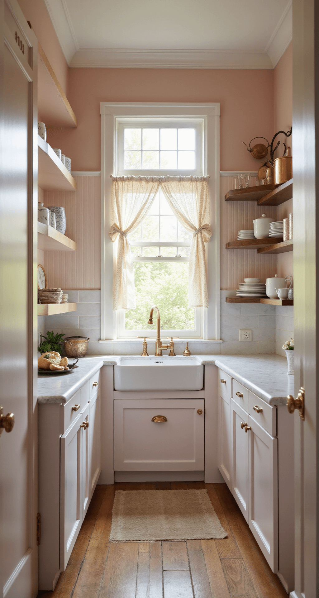 Intimate galley kitchen at golden hour featuring soft blush cabinets, vintage brass bin pulls, white subway tile backsplash, and marble countertops, illuminated by sunlight streaming through cafe curtains.