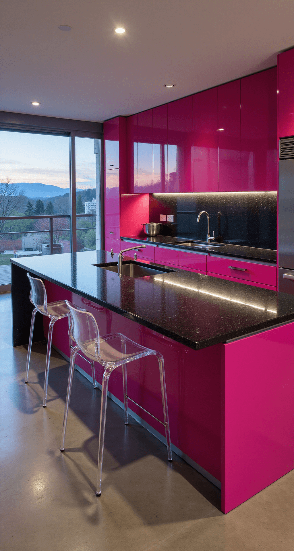 Spacious open-concept kitchen with hot pink high-gloss cabinets and black granite countertops, featuring a large center island and ambient lighting, viewed from the living room.