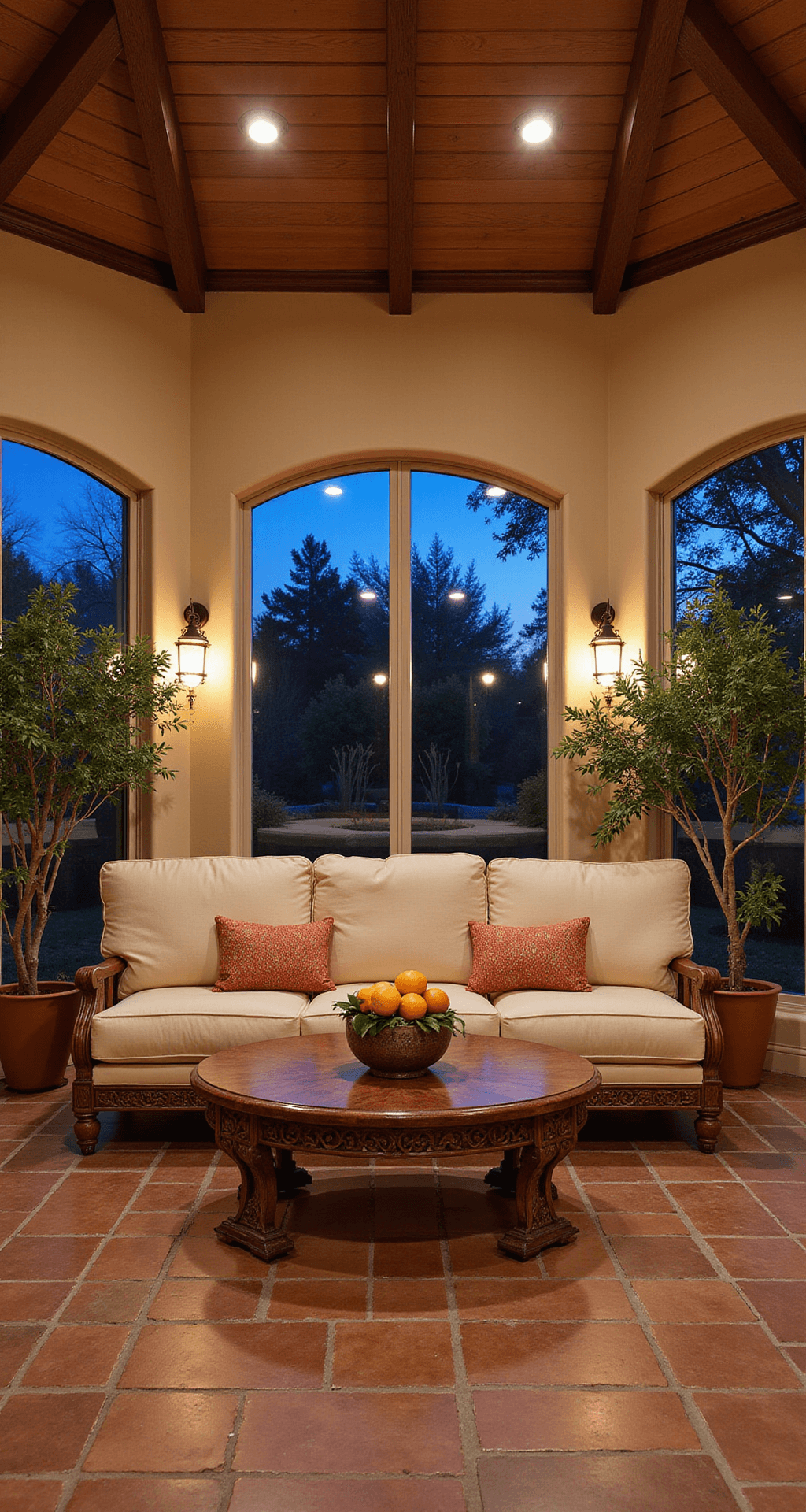 A cozy Mediterranean-inspired four-season room at dusk, featuring terracotta tile floors with mosaic accents, arched wrought iron windows showcasing garden views, a cream upholstered seating area with carved wooden frames, and copper lanterns casting warm light. Potted citrus trees and trailing vines enhance the ambiance, while the low camera angle highlights the ceiling height and uplighting from the landscape visible through the windows.