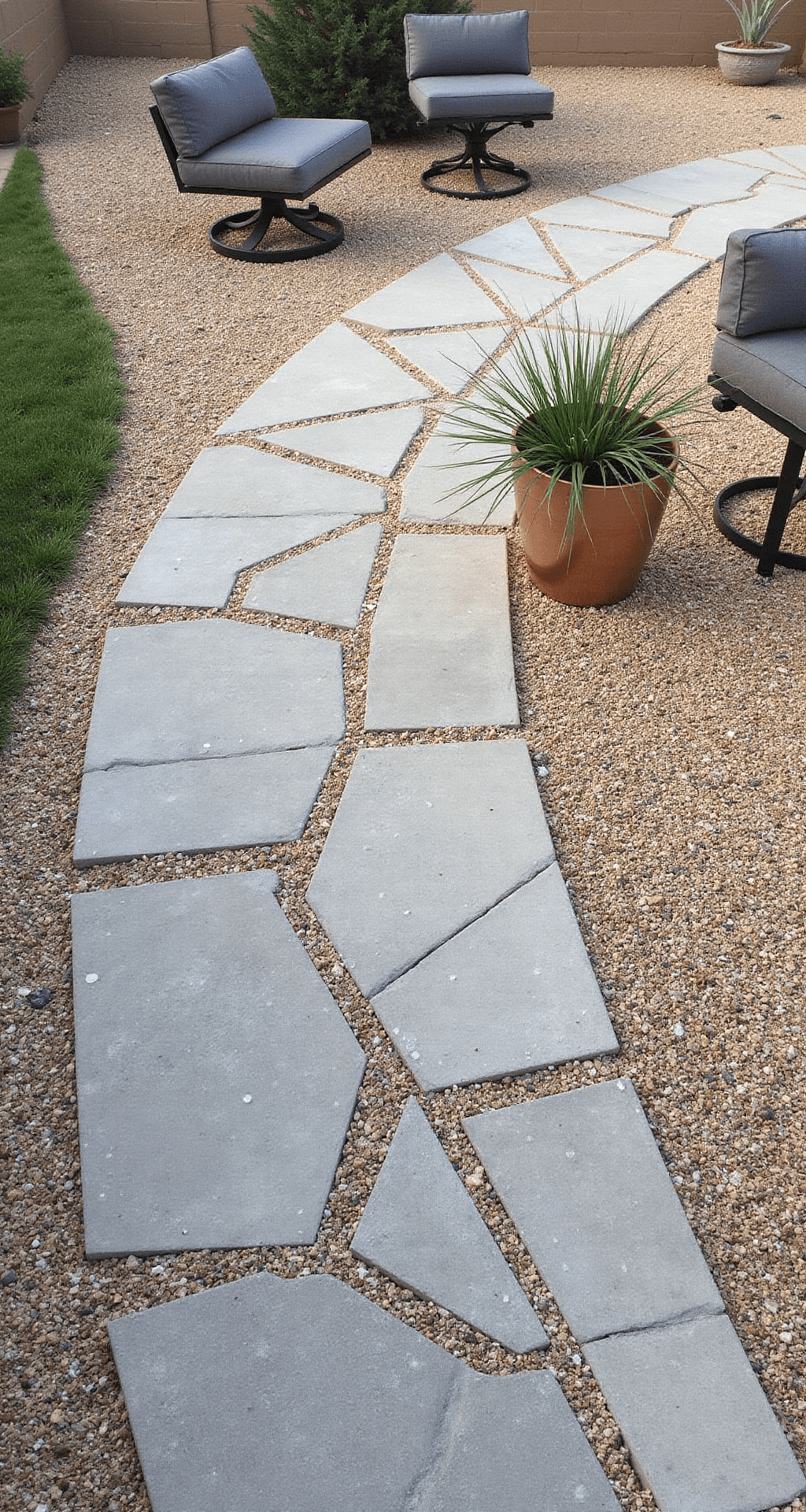 Overhead view of a DIY gravel and paver combination featuring large-format concrete pavers and crushed granite in a geometric pattern, accented by morning dew. The scene includes simple matte black metal furniture and drought-resistant ornamental grasses in copper planters, embodying a low-maintenance desert modern elegance.