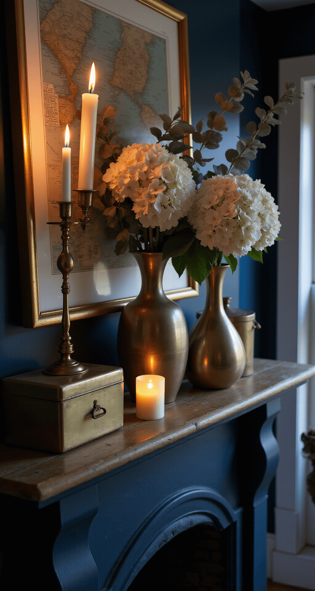 A moody evening scene featuring a deep navy mantel illuminated by warm candlelight, adorned with mixed metallic vessels holding white hydrangeas and silver dollar eucalyptus, along with brass cricket boxes and vintage coastal maps, capturing elegant reflections and rich jewel tones with gold accents.