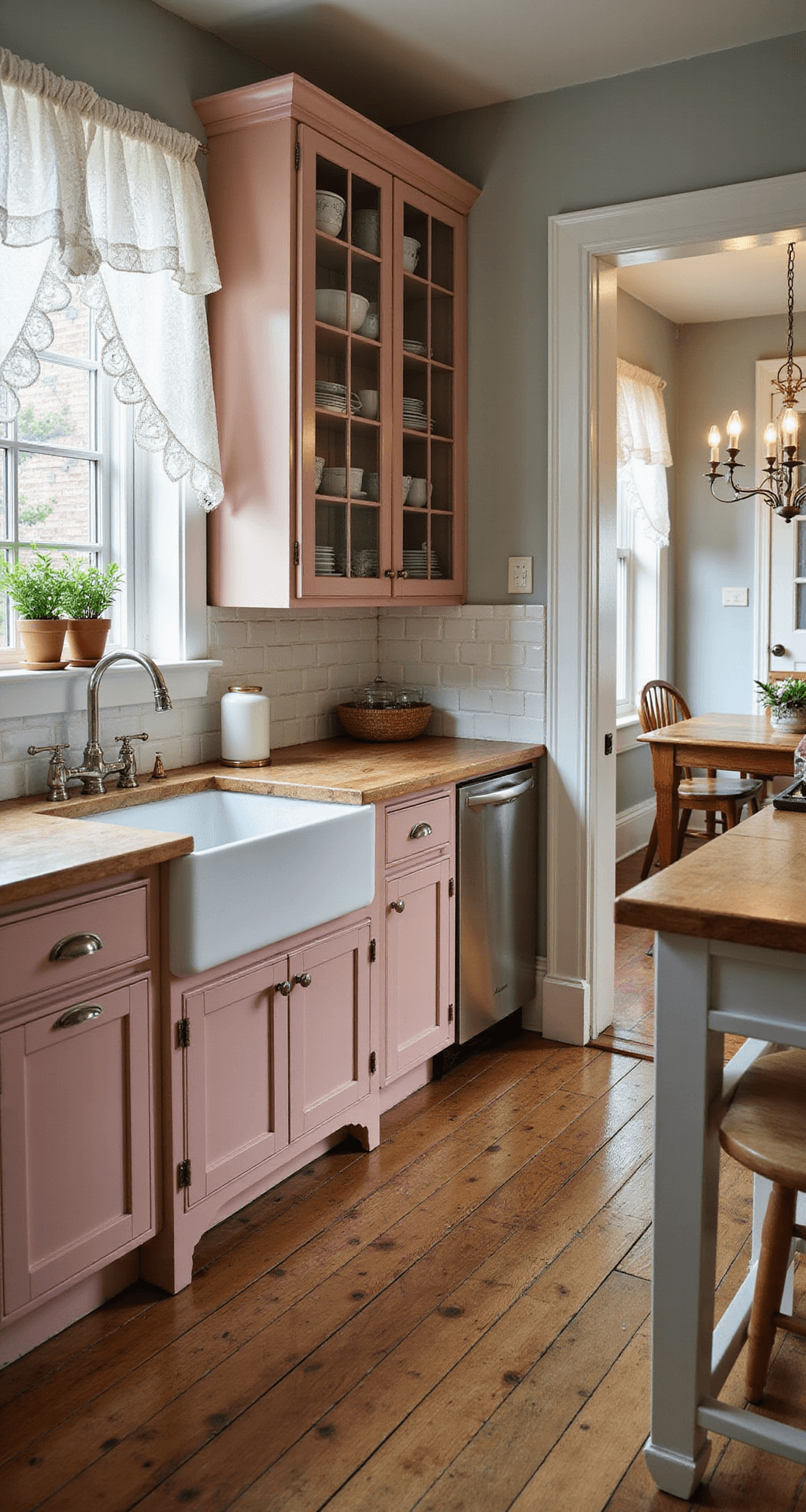 Cozy kitchen with dusty rose cabinets, glass-front uppers displaying vintage dishware, butcher block countertops, and a farmhouse sink, illuminated by afternoon light filtering through lace curtains. Open shelves hold herbs in terracotta pots, complemented by a white ceramic subway tile backsplash and wide-plank pine floors.