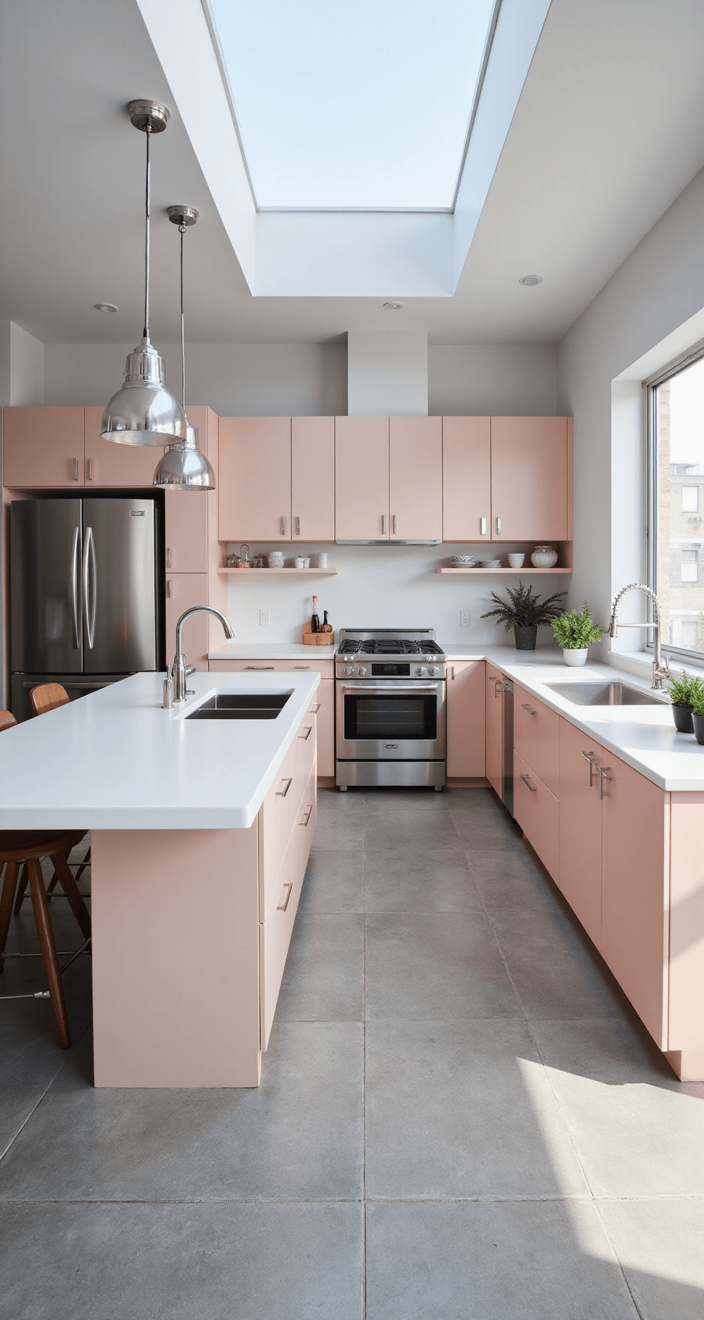 Aerial view of a contemporary U-shaped kitchen featuring pastel pink cabinets, white countertops, and a large island with a waterfall edge, illuminated by abundant natural light from a skylight. Industrial chrome pendant lights hang above, and large-format gray floor tiles complete the modern aesthetic.