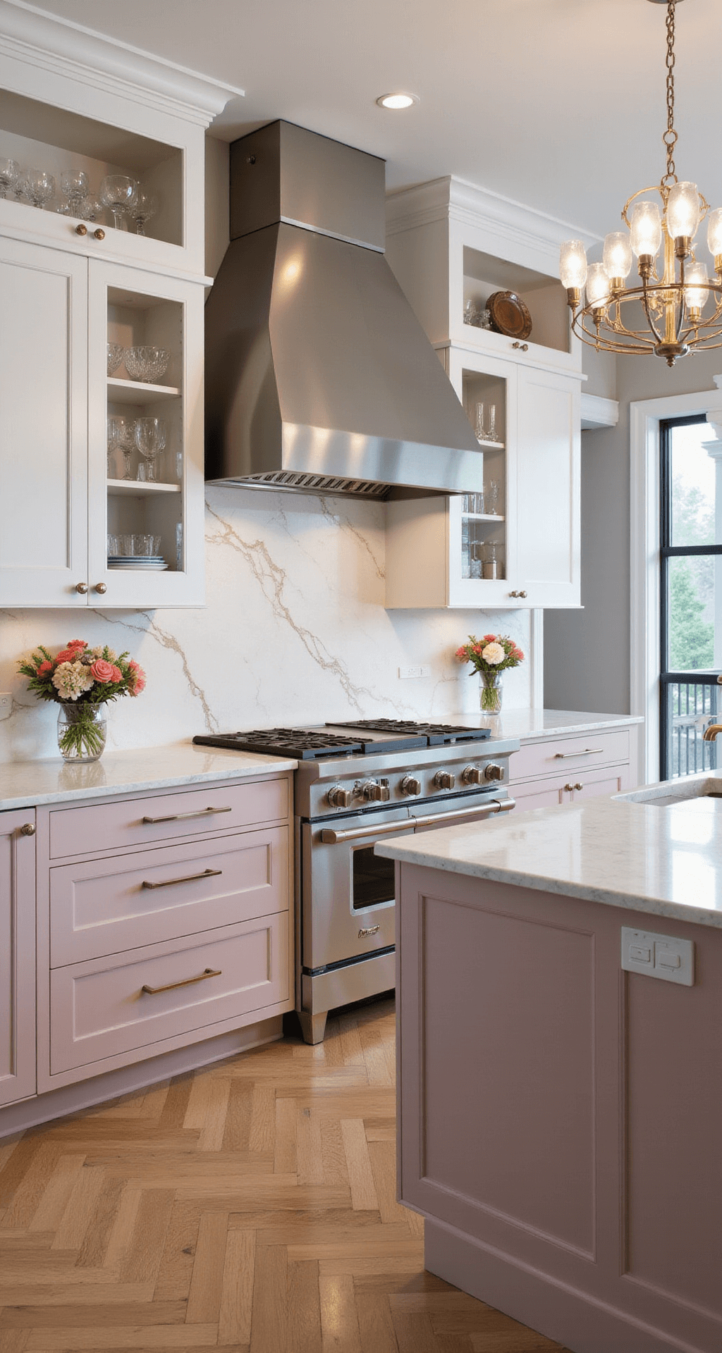 Elegant transitional kitchen with white upper cabinets and millennial pink lowers, featuring marble countertops with gold veining, polished nickel hardware, a chandelier over the island, and white oak herringbone floors, all illuminated by warm evening light.