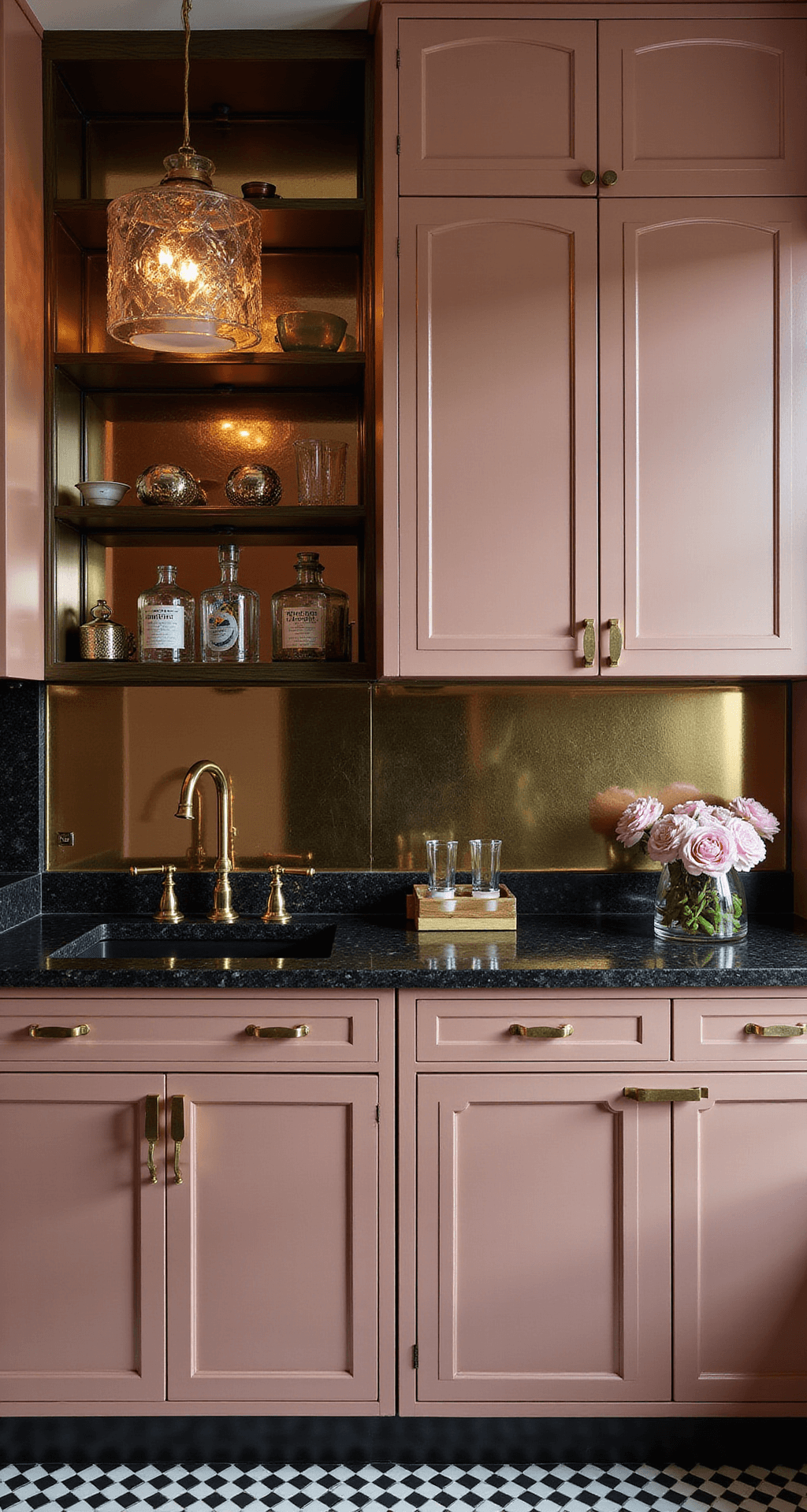 Art deco inspired kitchen at twilight featuring deep blush cabinets with geometric overlays, black granite countertops with gold flecks, and brass hardware. The low-angle shot showcases the ceiling height, dramatic uplighting, and a mirrored backsplash, while black and white checkered floor tiles complete the look, accented by glass shelving displaying vintage decanters and cocktail accessories.