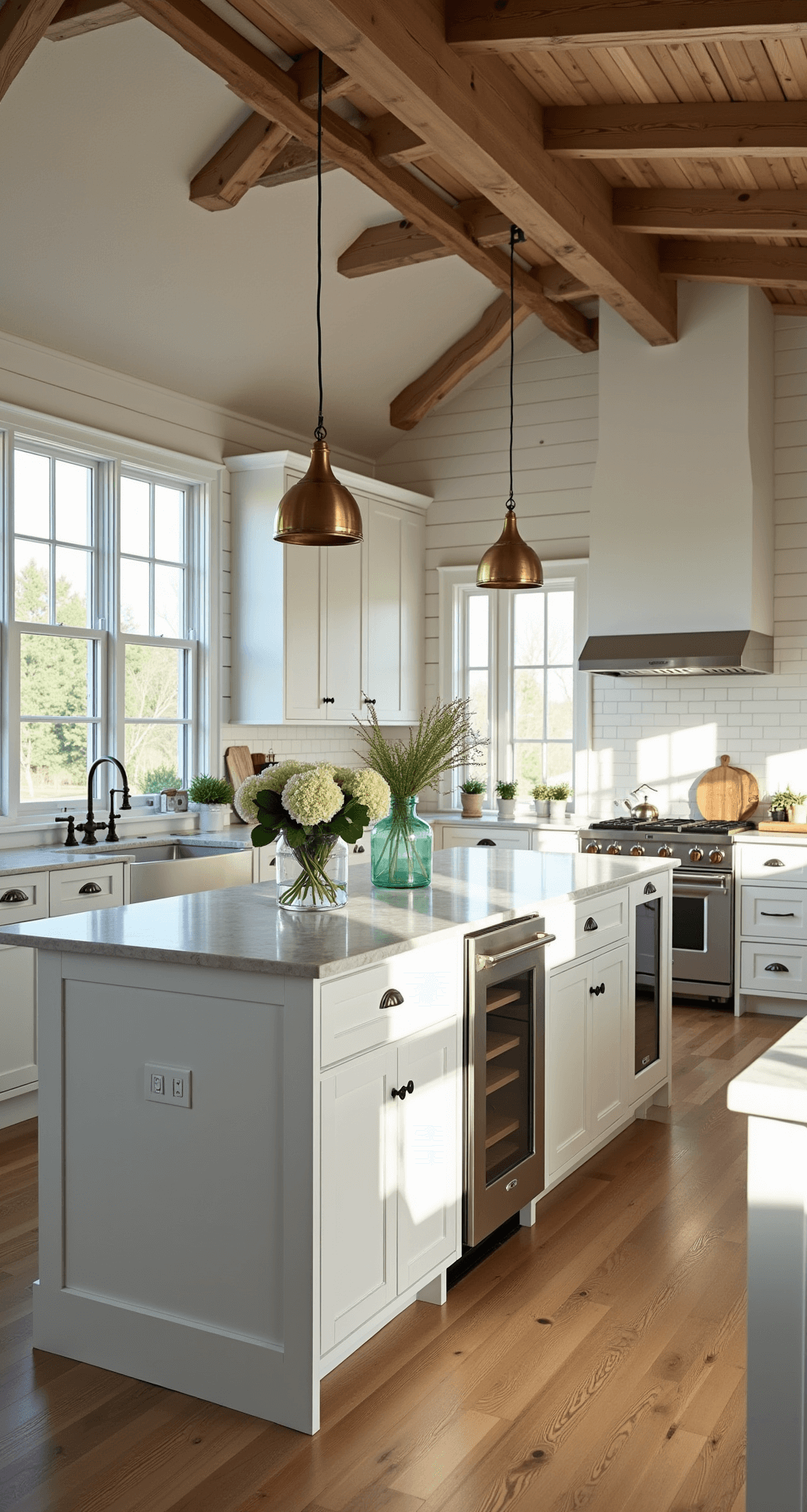 A spacious modern farmhouse kitchen with high ceilings, featuring white shaker cabinets, a matte marble island, rustic oak floors, and sage green accents, illuminated by soft morning sunlight.