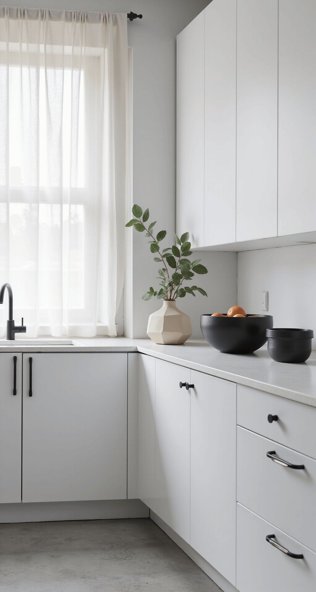 A serene Scandinavian minimal kitchen featuring floor-to-ceiling white cabinets, white quartz countertops, black hardware, and light gray concrete floors, illuminated by soft afternoon light filtering through sheer linen curtains, styled with geometric pottery and a single eucalyptus branch.