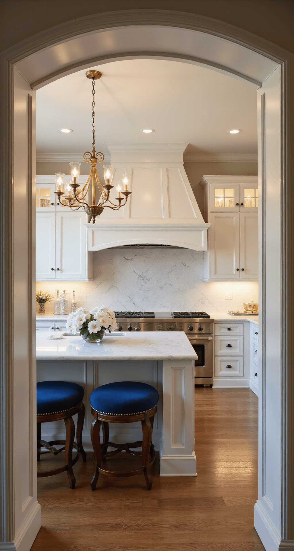 A grand 20x25ft traditional kitchen with crown molding, raised panel white cabinets, and Carrara marble counters, illuminated by golden hour light. A custom hood with brass accents centers the cooking area, while an antique brass chandelier hangs over a blue velvet island. The elegant decor features a silver tea service, white orchids, and crystal decanters, captured in wide angle from the doorway.