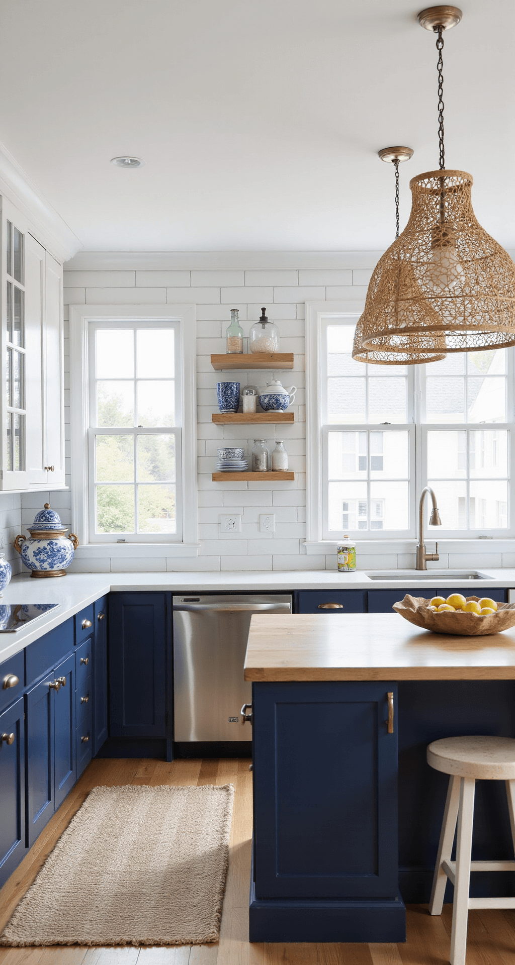 Bright and airy coastal contemporary kitchen featuring white glass-front upper cabinets, solid navy lowers, a bleached oak island with waterfall edges, and natural textures from rattan pendant lights and a jute runner, styled with chinoiserie decor and fresh lemons.