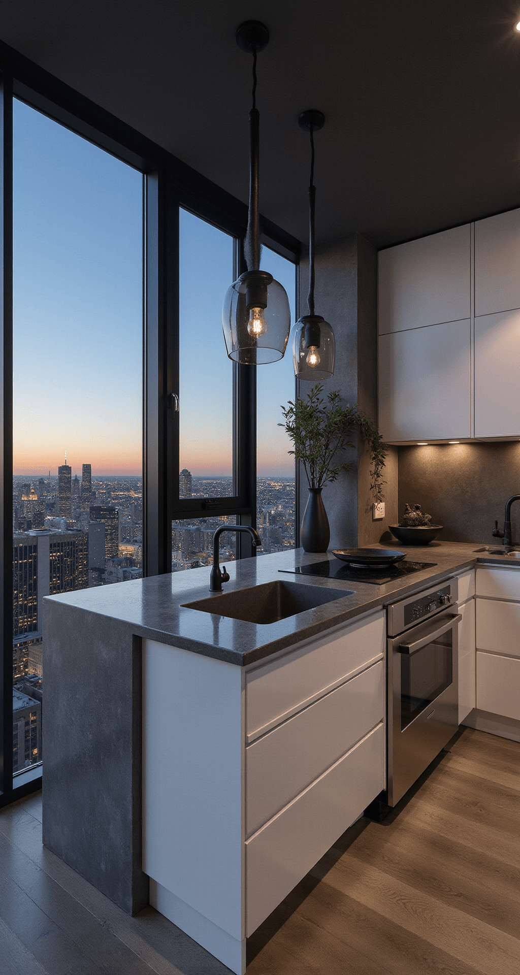 A sleek modern kitchen featuring handleless white cabinets, a concrete waterfall island, and stainless steel appliances, illuminated by city lights through large windows. The room includes black matte fixtures, smoky glass pendants, geometric sculptures, and architectural plants, all captured from an elevated angle with a moody atmosphere.