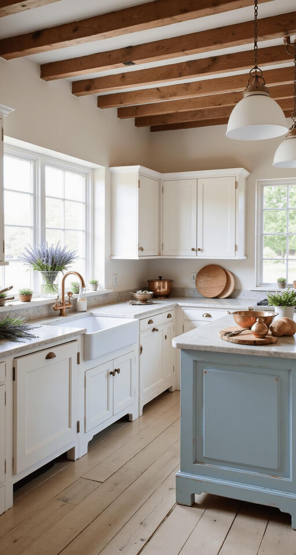 Charming French country kitchen with antique white cabinets, exposed beams, and soft afternoon light, featuring cream limestone counters, a pale blue distressed island, copper fixtures, and rustic decor.