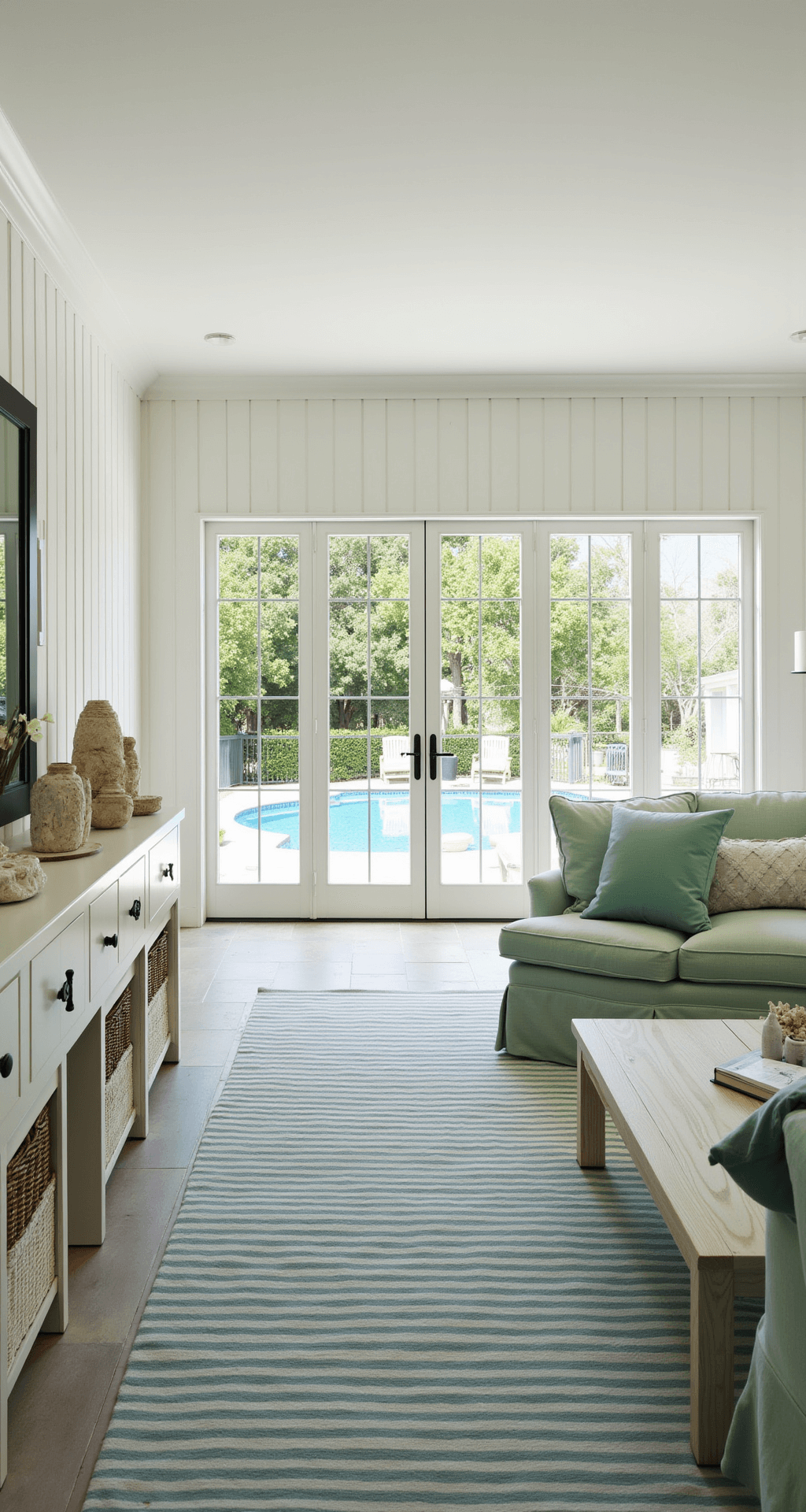 A sunlit coastal four-season room featuring white board and batten walls, blue-grey stone flooring, and fully opened accordion glass doors leading to a poolside terrace. Furnished with a seafoam green sectional, woven water hyacinth chairs, and a striped indoor-outdoor rug, complemented by a whitewashed console displaying coral and shell collections. Shallow depth of field emphasizes the seamless indoor-outdoor flow.