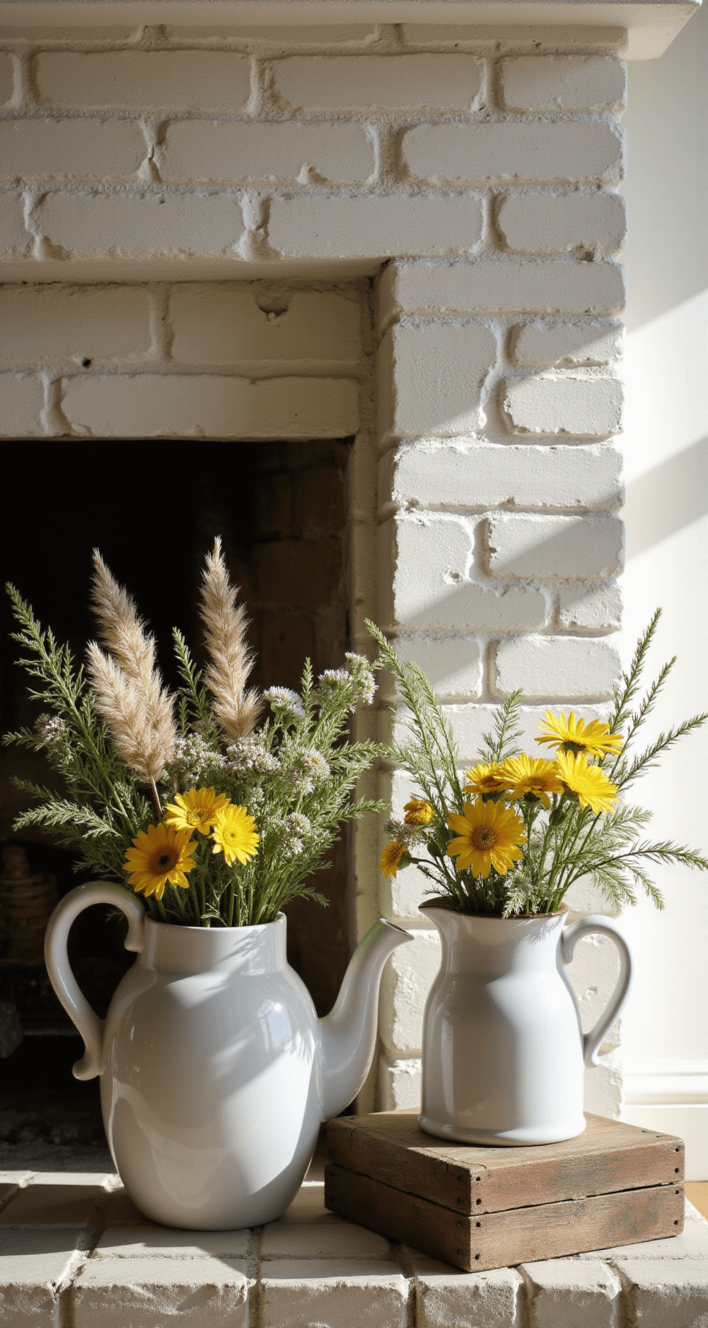 A bright farmhouse-style fireplace with painted brick in early morning light, showcasing oversized white ceramic pitchers filled with wildflowers and grasses, vintage wooden boxes for texture, and a fresh summer color palette of butter yellows, sage greens, and whites, captured with a blurred background.