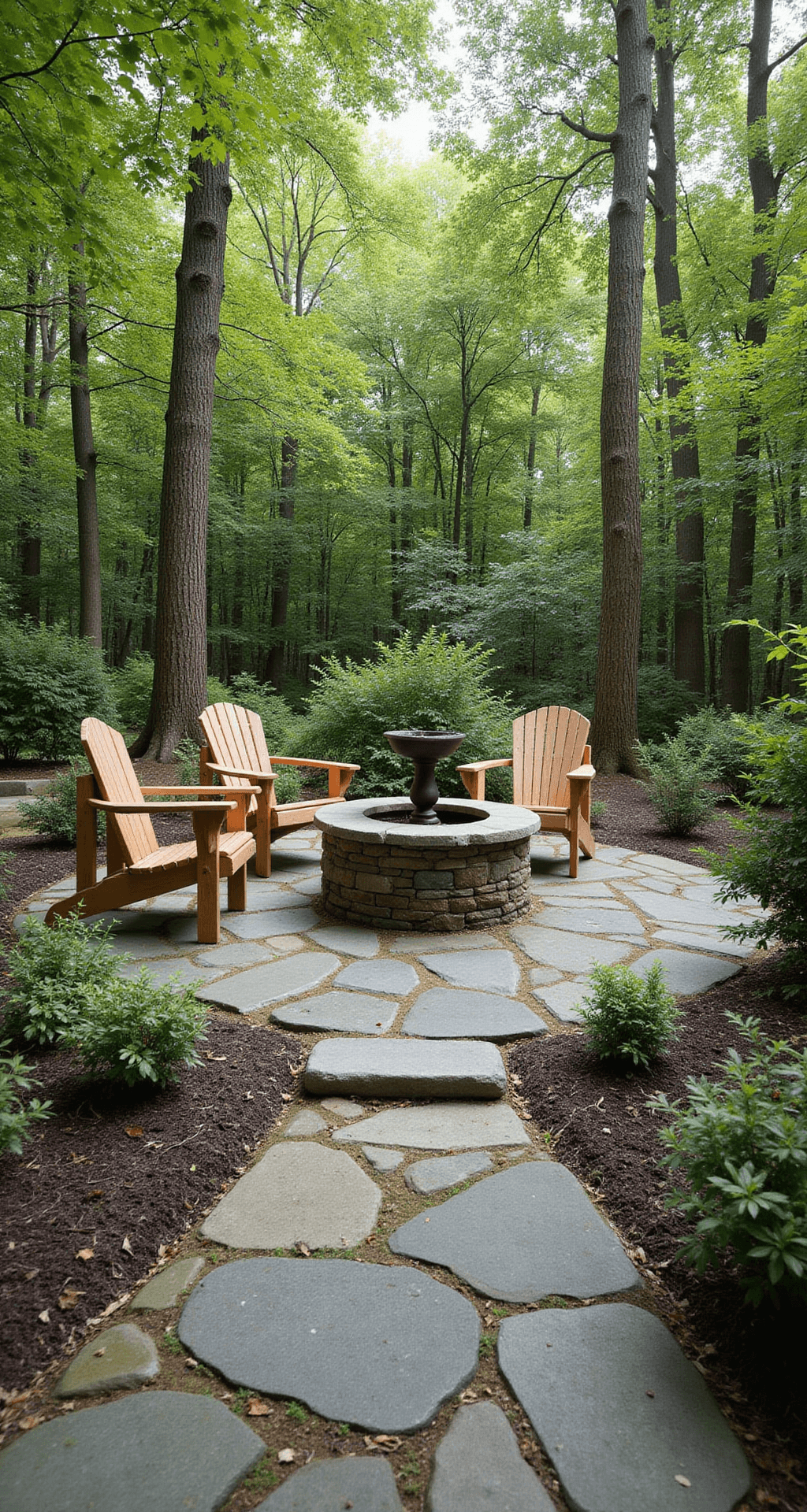 A serene woodland garden extension featuring irregular gray-green flagstone with moss-filled joints, rustic wooden Adirondack seating around a stone fire pit, and a bird bath as a focal point, all illuminated by dappled afternoon light filtering through the tree canopy.
