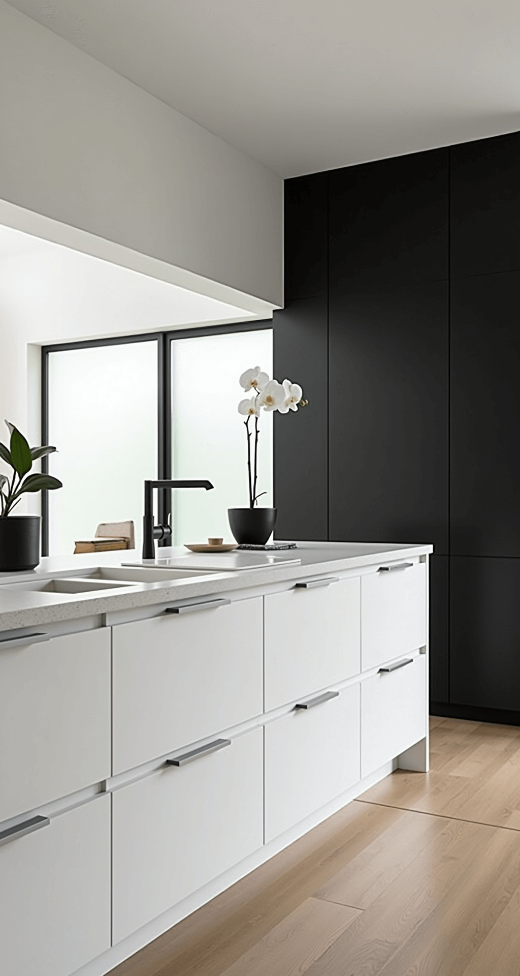 Minimalist Zen kitchen featuring flat-panel white cabinets, integrated handles, white stone counters, and pale oak flooring. A black accent wall provides contrast, with a single orchid stem, matte black ceramics, and bamboo accessories for styling. Soft daylight filters through frosted windows, creating a serene and balanced composition.