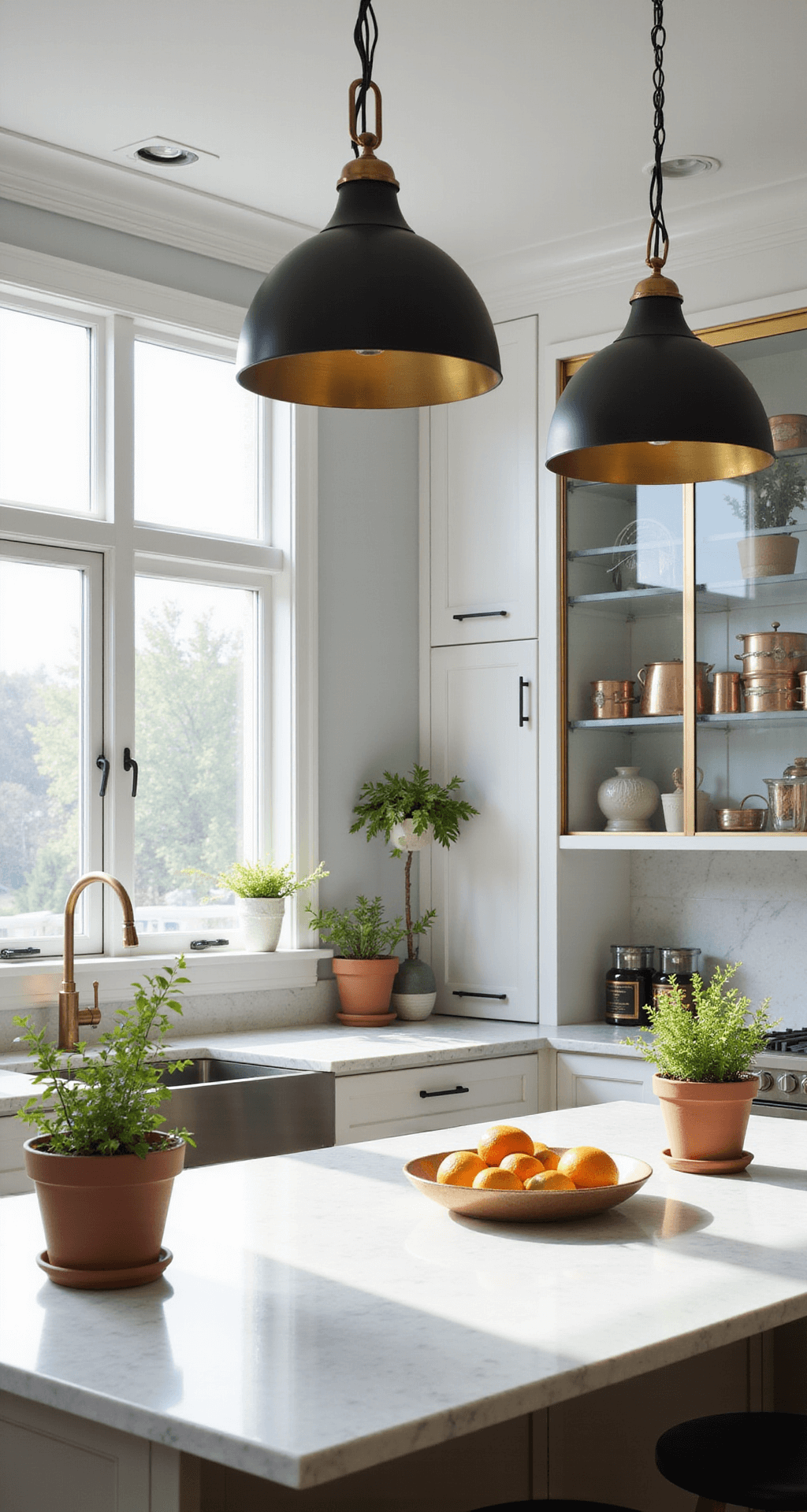 Glass Kitchen Cabinets: Transforming Your Kitchen with Elegance and Style A modern kitchen illuminated by morning light, featuring clear glass upper cabinets, white quartz countertops, and a marble-topped island with brass-accented pendant lights. Decorated with copper cookware, artisanal ceramics, fresh herbs in terra cotta pots, and a bowl of citrus fruits.