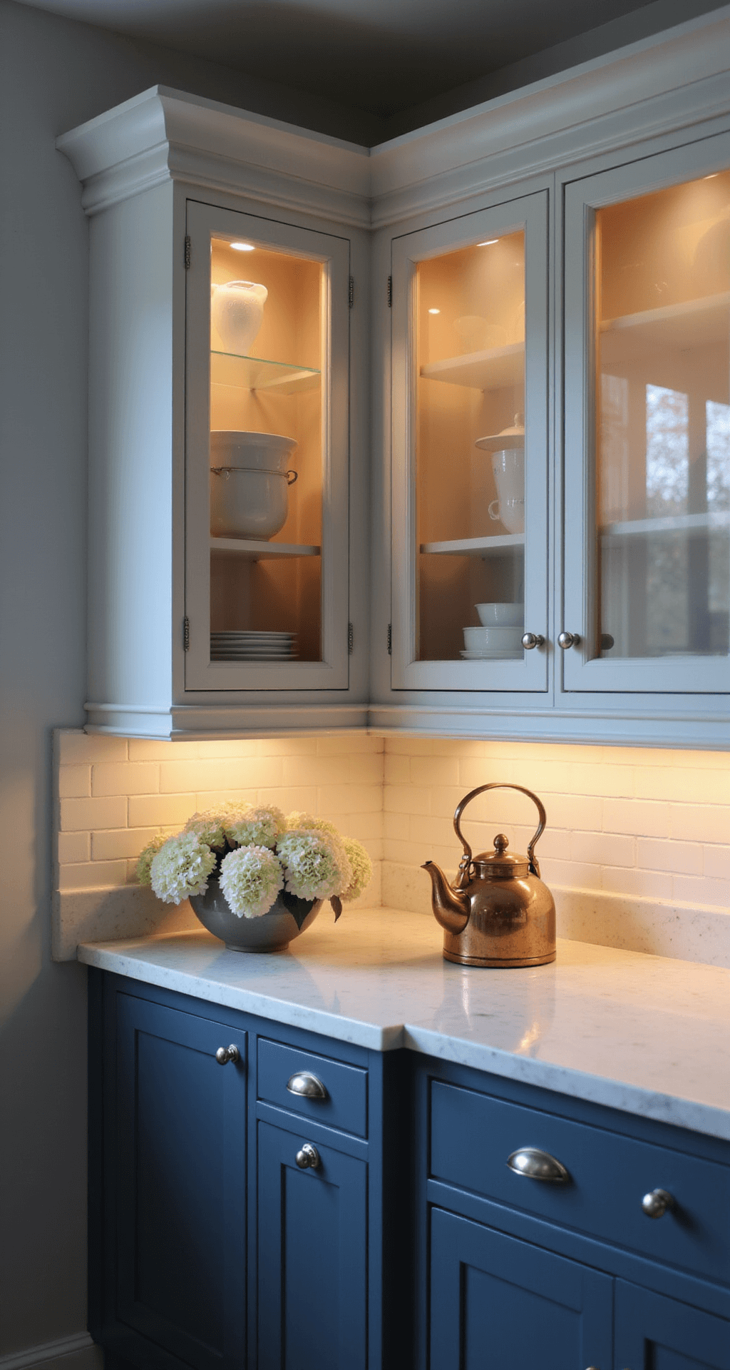 Glass Kitchen Cabinets: Transforming Your Kitchen with Elegance and Style Intimate kitchen scene featuring frosted glass cabinet doors illuminated by warm LED lighting, slate blue lower cabinets, and pearl gray walls, showcasing elegant dishware silhouettes. Styled with a vintage copper kettle and white hydrangeas on Carrara marble counters, shot from a corner angle with dramatic brushed nickel hardware.