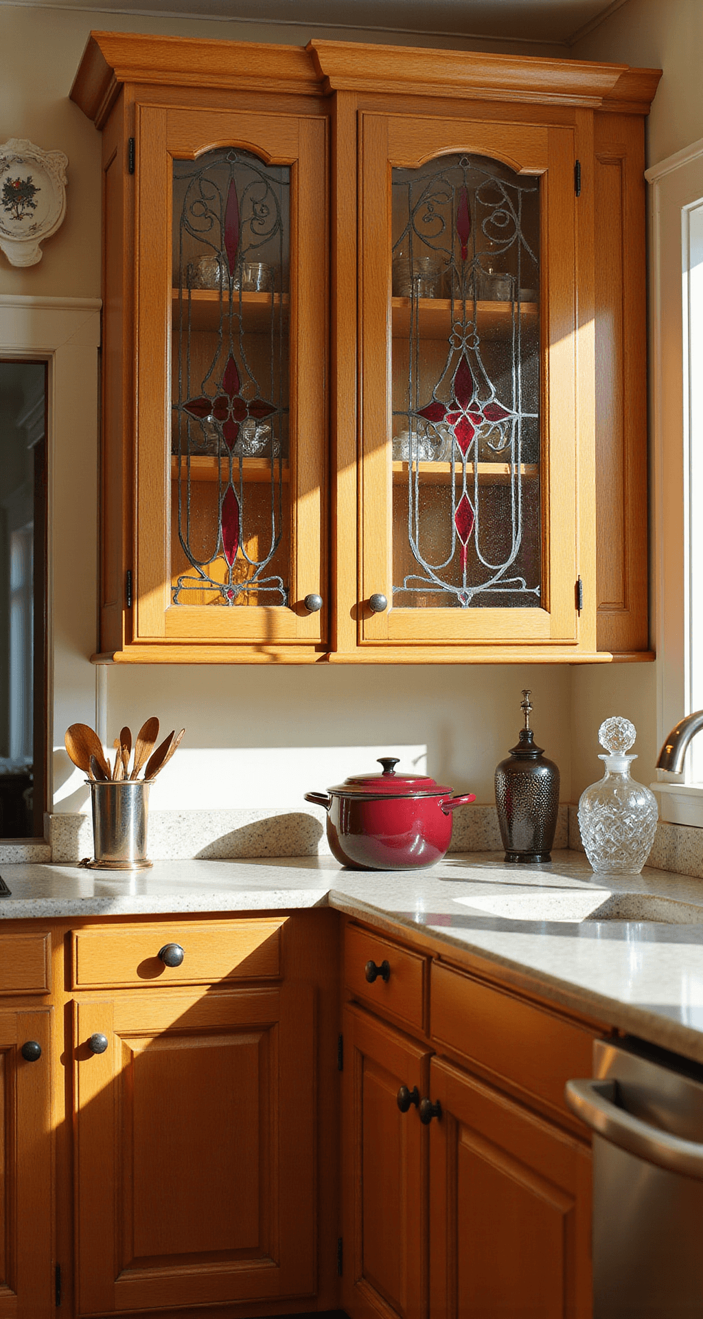 Glass Kitchen Cabinets: Transforming Your Kitchen with Elegance and Style A sunlit traditional kitchen featuring stained glass cabinet inserts in amber, ruby, and sapphire, with golden oak frames and Victorian patterns, casting colorful projections on cream walls. Elevated wide-angle view highlights antique brass hardware, burgundy Le Creuset cookware, vintage tea sets, and crystal decanters.