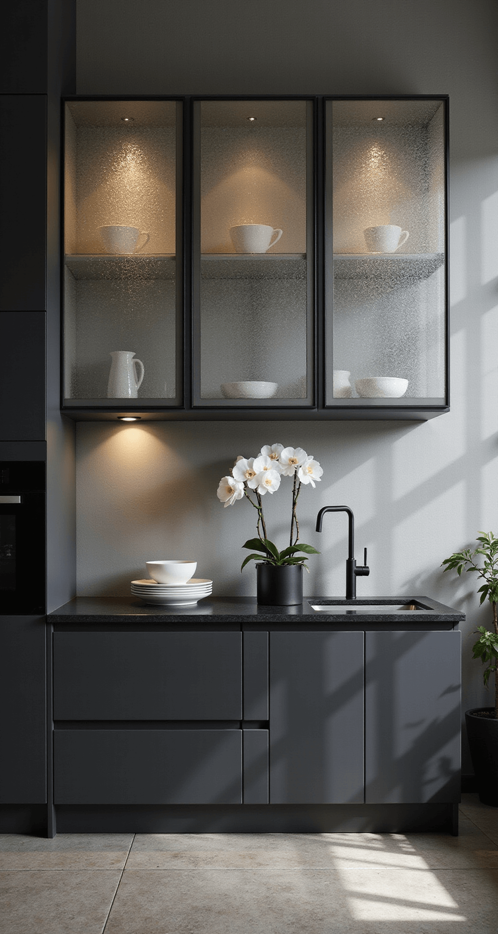Glass Kitchen Cabinets: Transforming Your Kitchen with Elegance and Style Modern kitchen featuring textured rain glass cabinets in a minimalist design, illuminated by evening LED spots that cast dramatic shadows. The space includes charcoal lower cabinets and floating upper units, with a three-quarter view highlighting geometric light patterns. Monochromatic white dinnerware and black matte accessories are elegantly styled with architectural orchids.
