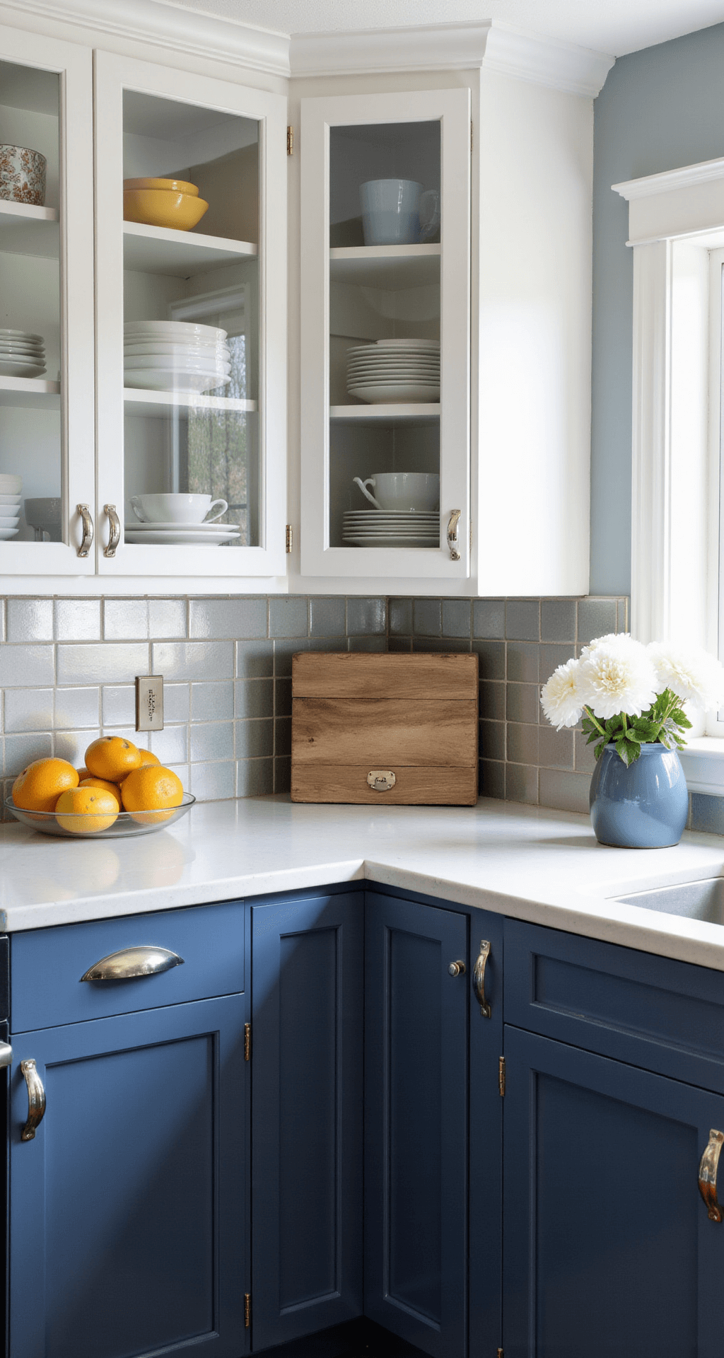Glass Kitchen Cabinets: Transforming Your Kitchen with Elegance and Style A bright corner kitchen with mixed glass cabinet styles, featuring clear center panels and frosted side panels, enhanced by morning light reflecting off metallic backsplash tiles. White Shaker-style frames contrast with navy lower cabinets, shown from a diagonal angle that highlights depth. Professional fill lights amplify glass transparency, while color-coordinated dishware and chrome accents provide stylish touches. Fresh white peonies add a soft, organic element to the scene.