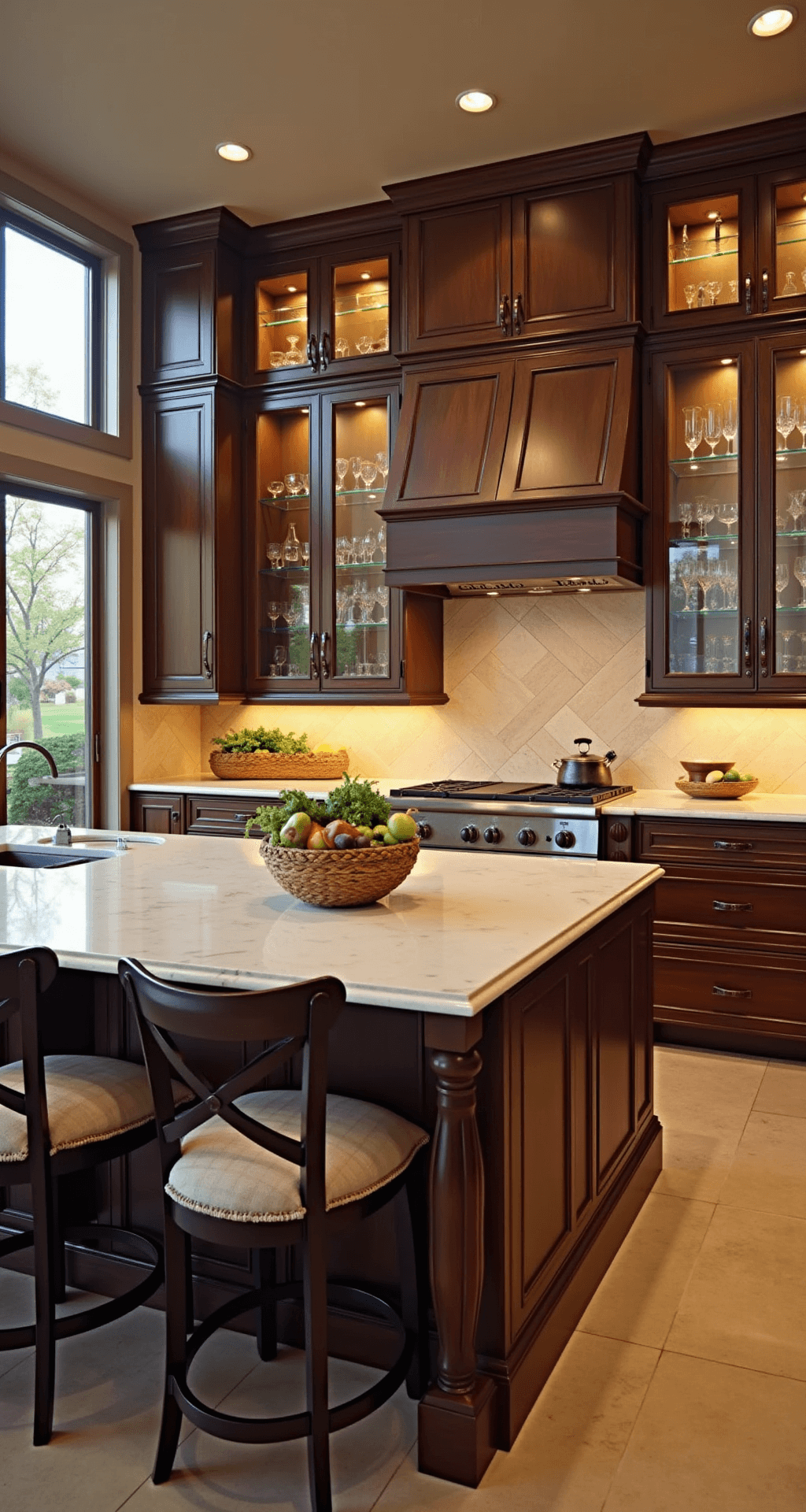 Glass Kitchen Cabinets: Transforming Your Kitchen with Elegance and Style A luxurious chef's kitchen featuring floor-to-ceiling glass-front cabinets in dark walnut, illuminated by golden hour light from western windows. The center island showcases a waterfall quartz countertop, with premium cookware and crystal stemware displayed behind ultra-clear glass. Copper accessories and fresh market produce in woven baskets enhance the warm, inviting atmosphere, captured in a vertical composition using a tilt-shift lens.