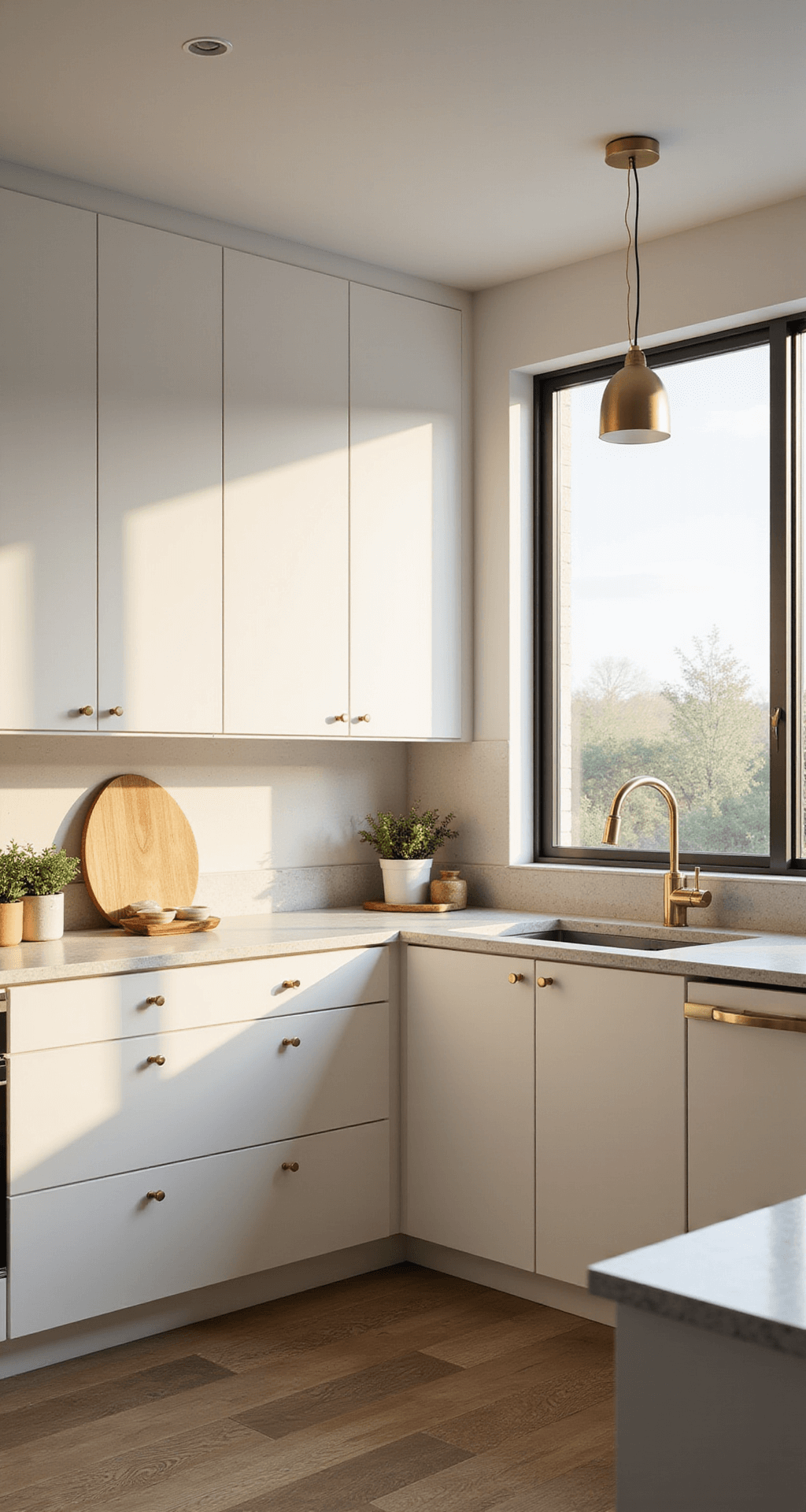Interior view of a sunlit modern kitchen with white cabinets and a quartz island, showcasing brass hardware, pendant lights, and minimal decor, capturing Scandinavian-inspired design at golden hour.