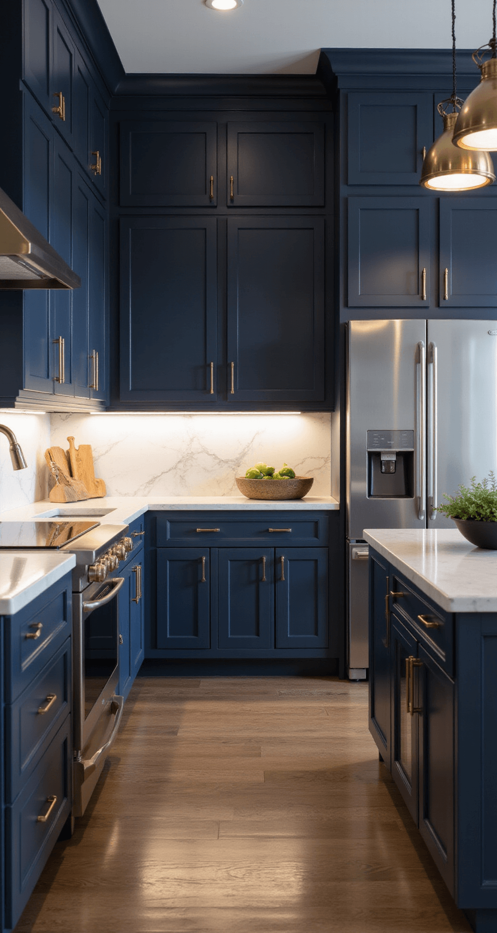 Moody kitchen interior featuring navy blue cabinetry, brushed gold fixtures, white marble backsplash, and ambient under-cabinet LED lighting, shot from eye level in evening light.