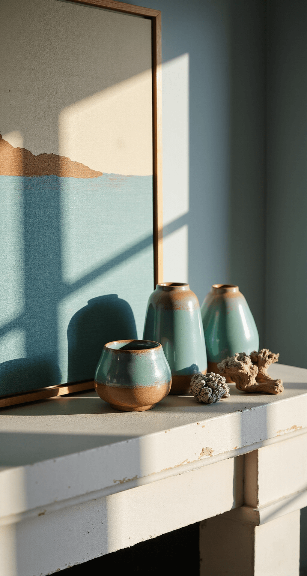 Close-up of a contemporary limestone mantel adorned with ocean-inspired handmade pottery, sculptural driftwood, and metallic coral, set against a large abstract seascape artwork. Late afternoon light highlights the textures and coastal color palette of deep teals, sandy beiges, and mother of pearl whites.