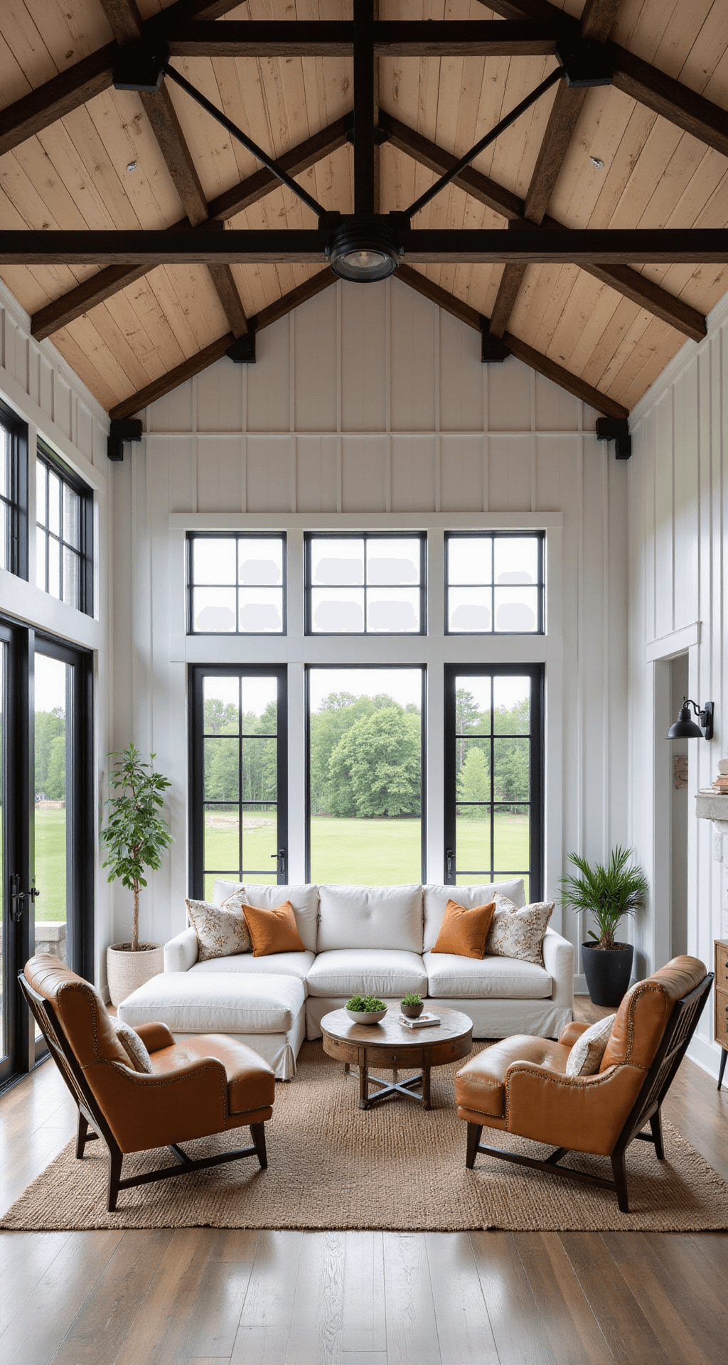 Modern farmhouse four-season room featuring exposed wooden trusses, metal roof panels, and black steel-framed windows against white vertical siding, showcasing a warm white linen sectional, vintage leather armchairs, a reclaimed wood coffee table, industrial pendant lights, and a vintage kilim rug layered over seagrass, captured in bright natural light with dramatic shadows.