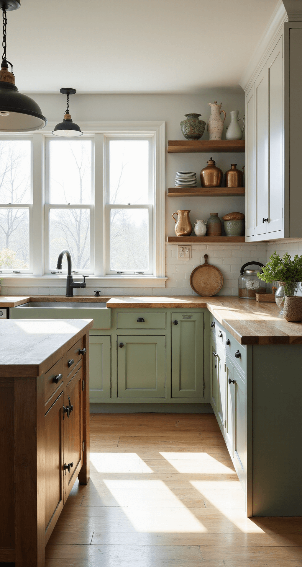 Sunlit farmhouse kitchen with sage green lower cabinets and white upper cabinets, featuring a rustic distressed wood center island, open shelving with vintage pottery and copper cookware, and a subway tile backsplash reflecting morning light through mullioned windows.