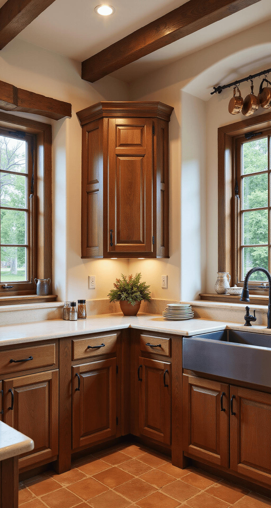 Mediterranean-inspired kitchen featuring rich walnut wood cabinets, terracotta tiles, and cream stone countertops, illuminated by afternoon light, with arched doorways, copper pots hanging from a ceiling rack, and wrought iron hardware, all in a rustic modern style.