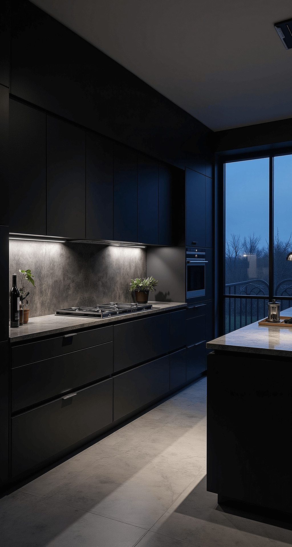 Dramatic black kitchen with Oxford Gray cabinets, marble countertops, and LED accent lighting, shot at blue hour from a low angle, emphasizing a minimalist luxury aesthetic.