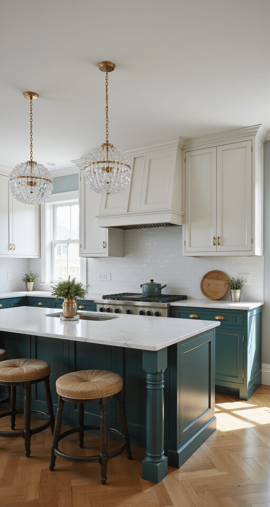 A light-filled transitional kitchen featuring two-tone cabinets in Silver Satin and deep forest green, with 11-foot ceilings, crown molding, and herringbone wood floors. A crystal chandelier above a marble island adds elegance, while brass hardware provides warmth.