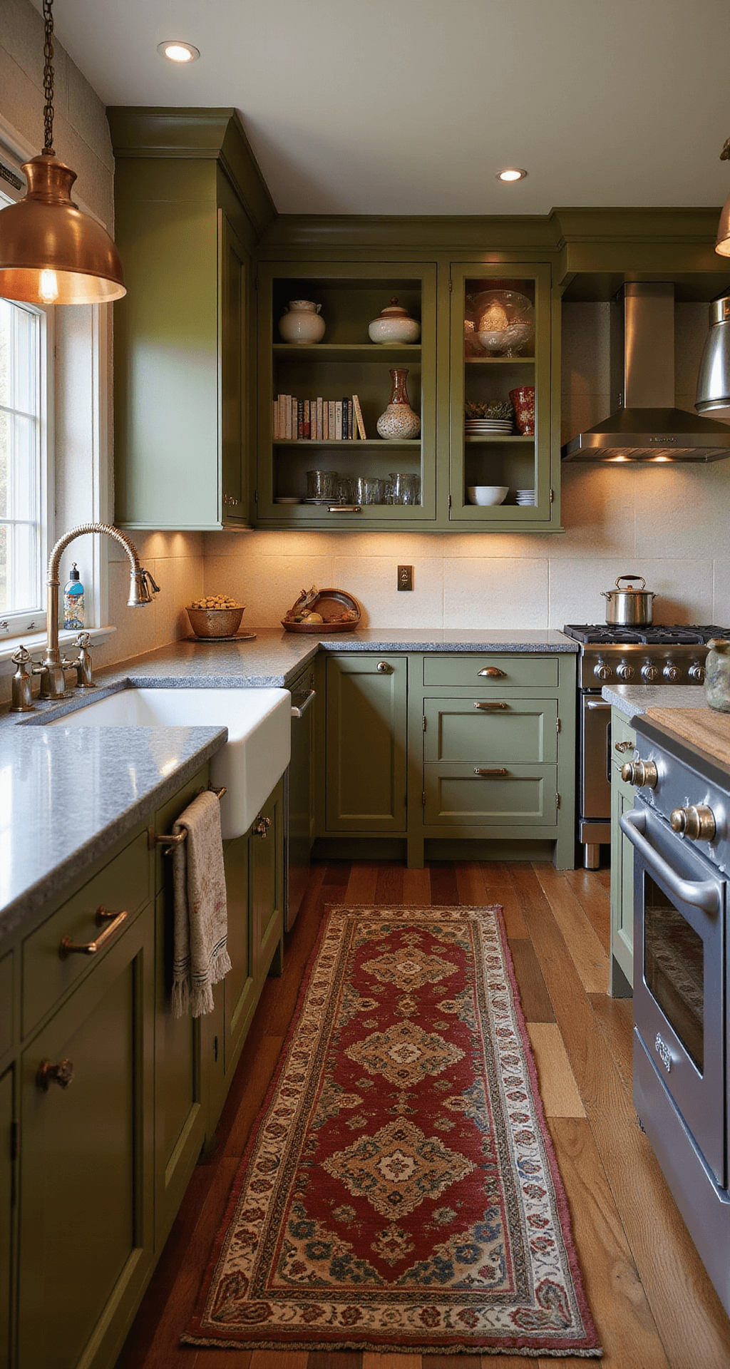 A cozy kitchen featuring ripe olive cabinets bathed in morning light, with floor-to-ceiling cabinetry, glass-front upper units, vintage rugs on wide-plank floors, open shelving displaying artisanal pottery and cookbooks, and copper pendant lights illuminating the space, captured from a corner angle at f/3.5 to highlight the intimate atmosphere in a modern traditional style.