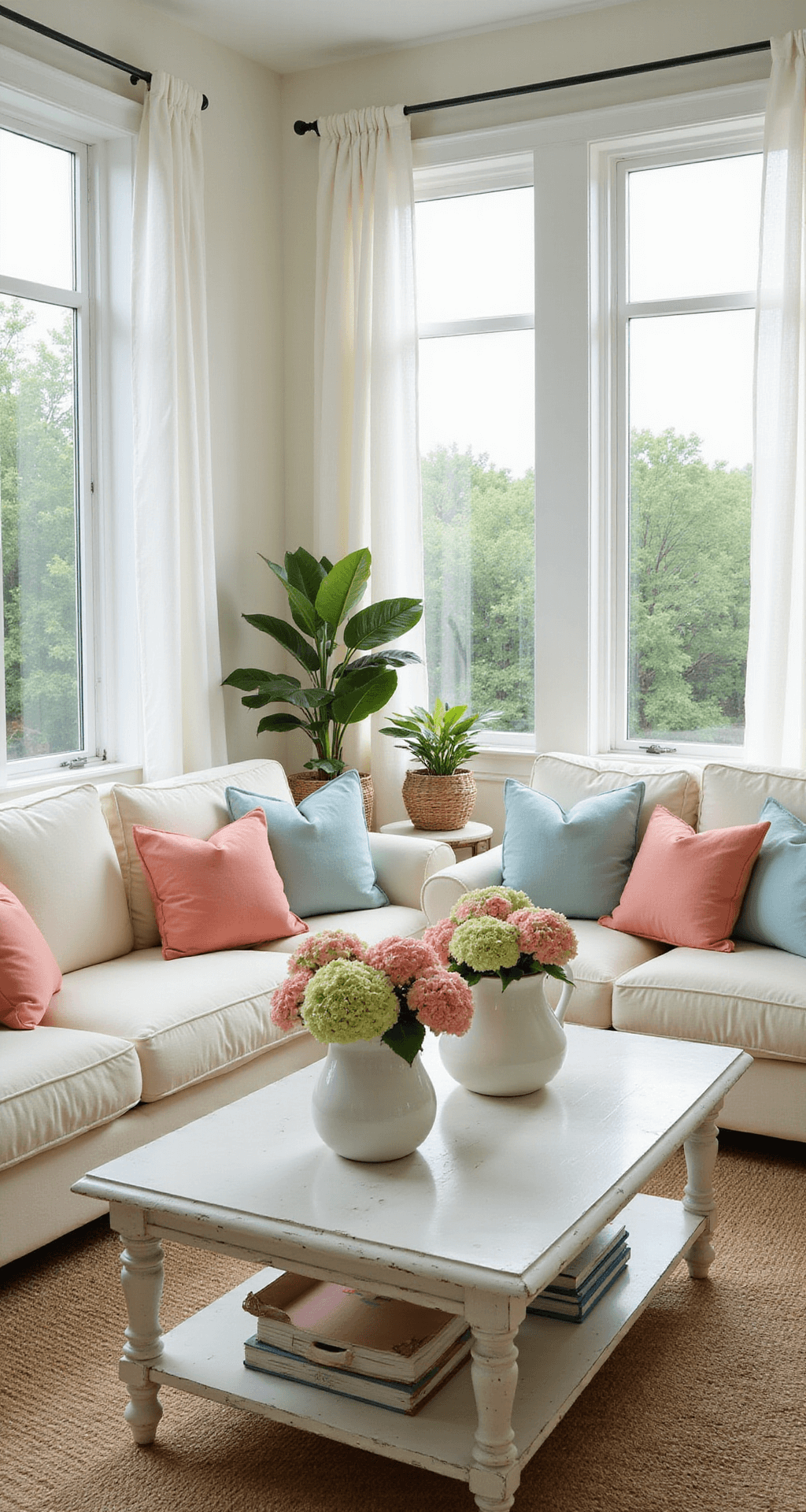 A bright coastal living room with tall windows, sheer curtains, a plush cream L-shaped sofa adorned with seafoam blue and coral pink throw pillows, and a natural jute rug under a white coffee table, accented by ceramic vases with hydrangeas and fiddle leaf figs in woven baskets.