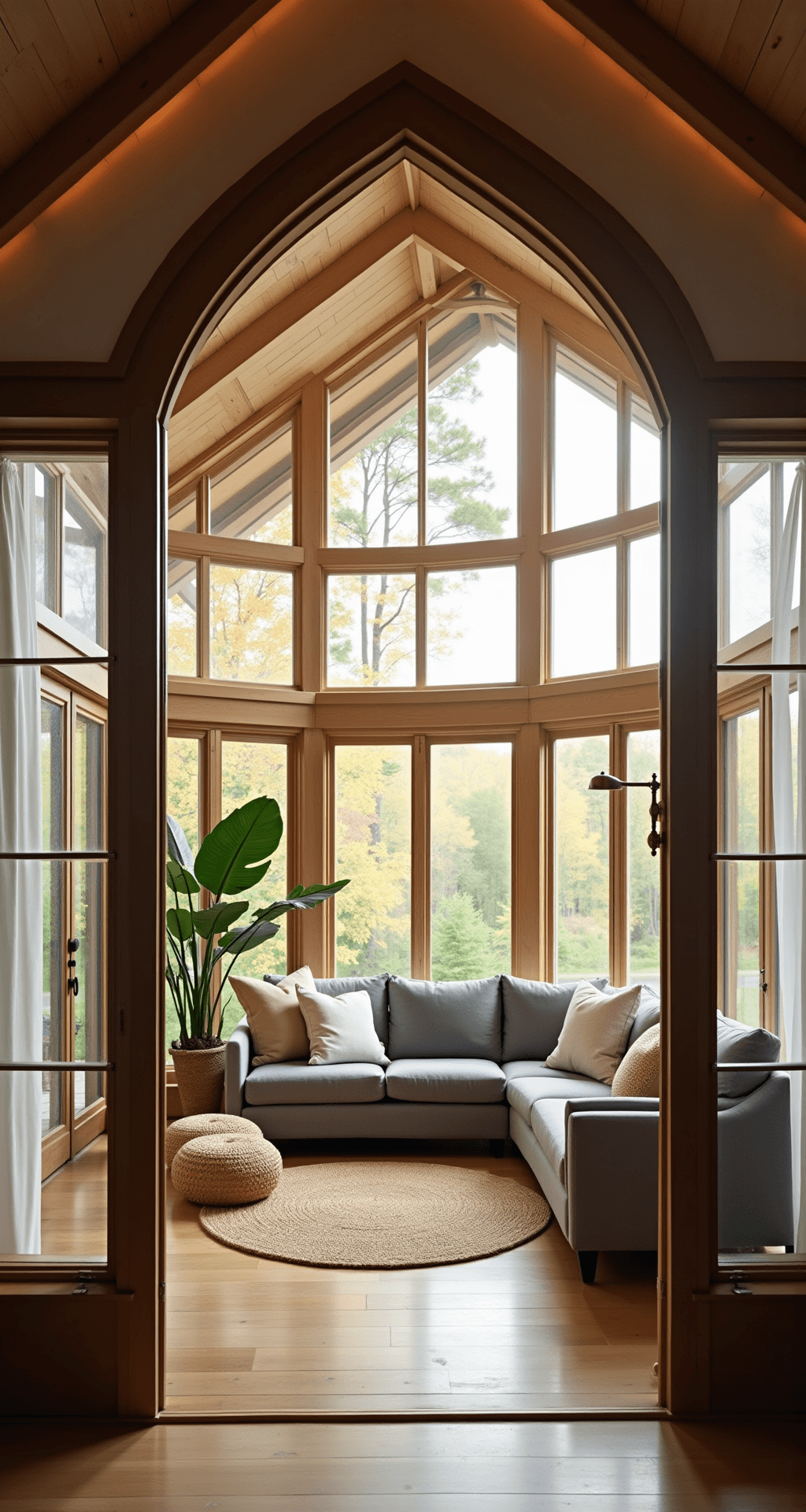 A luxurious all-season room with thermal-engineered bronze aluminum frames, featuring floor-to-ceiling windows, modern grey sectional on a jute rug, oversized fiddle leaf figs, white sheer curtains, a gable roof with exposed beams, and warm LED uplighting, bathed in golden hour sunlight.