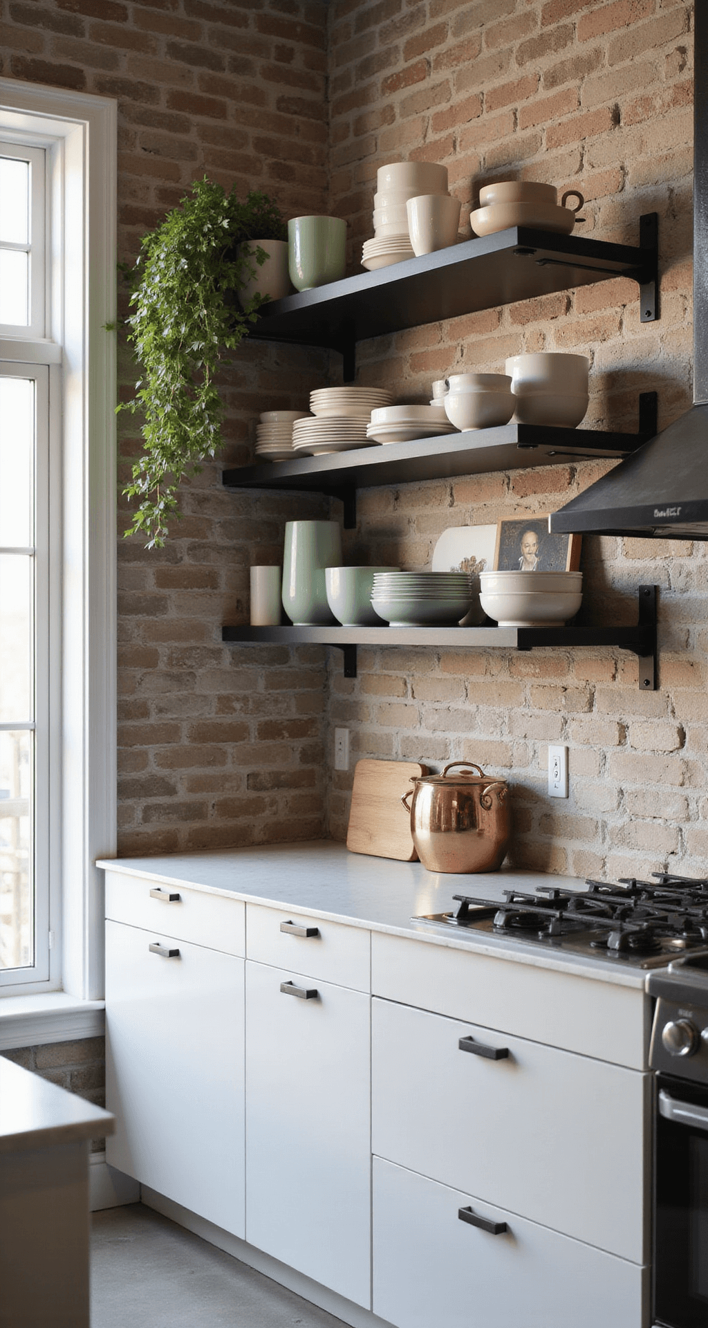 A modern open-concept kitchen featuring white quartz countertops, matte black shelving on exposed brick, and handcrafted ceramic dishware in cream and sage green, illuminated by late morning sunlight through floor-to-ceiling windows.