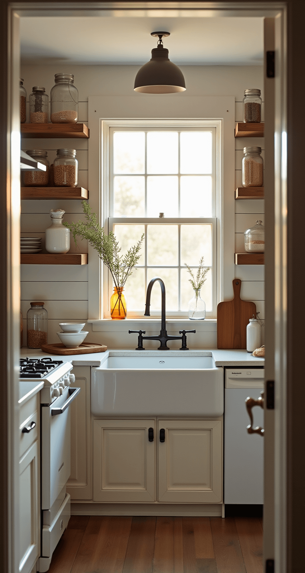 A cozy farmhouse kitchen with shiplap walls painted in warm white, basking in golden hour sunlight. Vintage-style window above a farmhouse sink, weathered wood open shelving displaying ironstone pitchers and mason jars with dry goods, and eucalyptus sprigs in clear vases. The scene captures the room’s rustic warmth with a wide-angle perspective from the doorway.