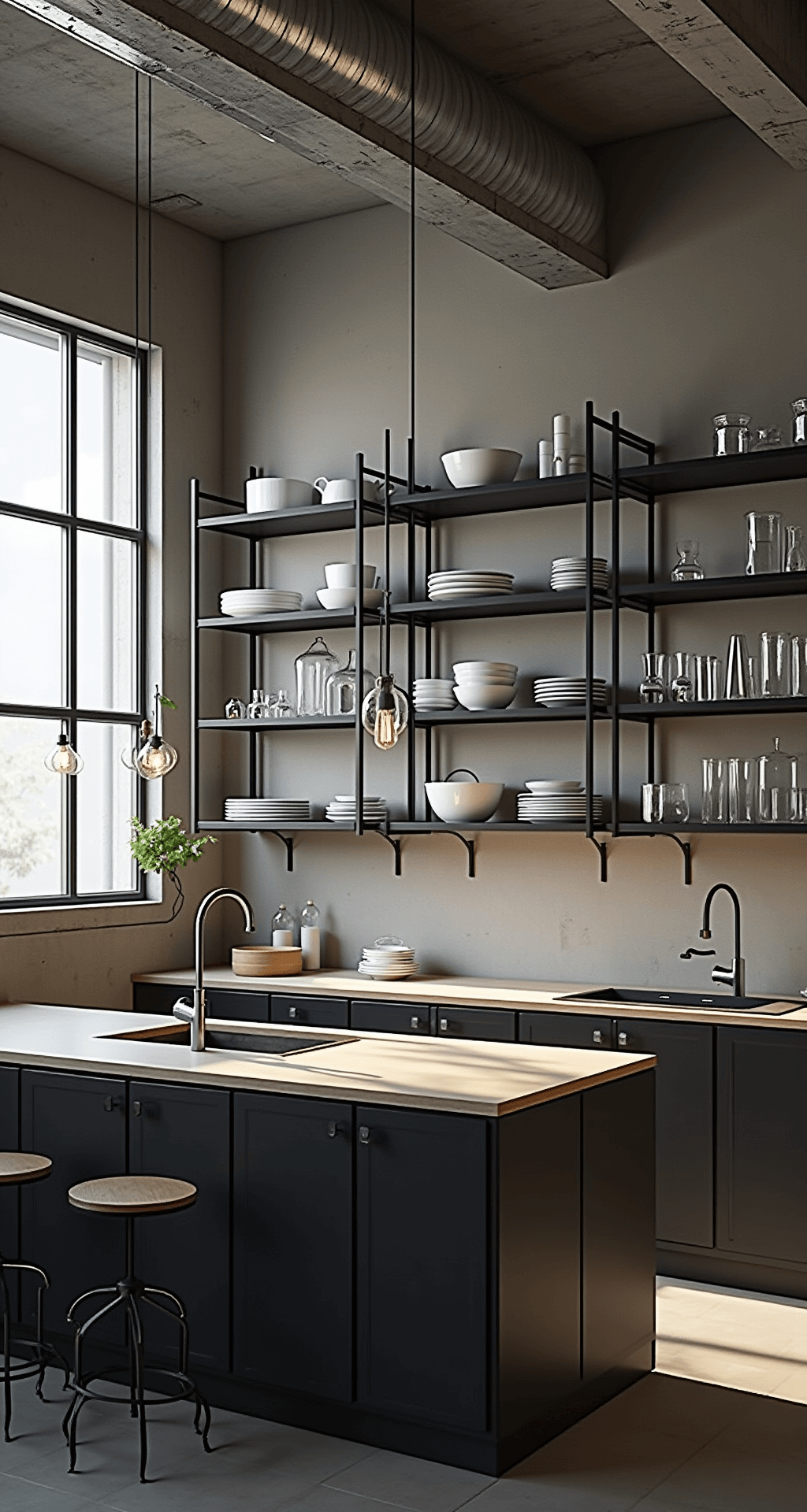 An industrial loft kitchen featuring exposed concrete ceilings and metal ductwork, illuminated by cool morning light through factory windows, with black steel open shelving displaying minimalist white dinnerware. Pendant lights with Edison bulbs create dramatic shadows, all captured from a slightly elevated angle that highlights geometric lines and urban sophistication.